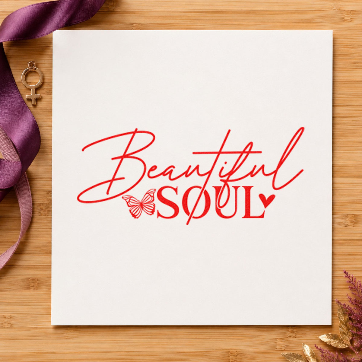 Beautiful Soul Butterfly Lettering rubber stamp shown in red ink, stamped for projects such as box photo labels.