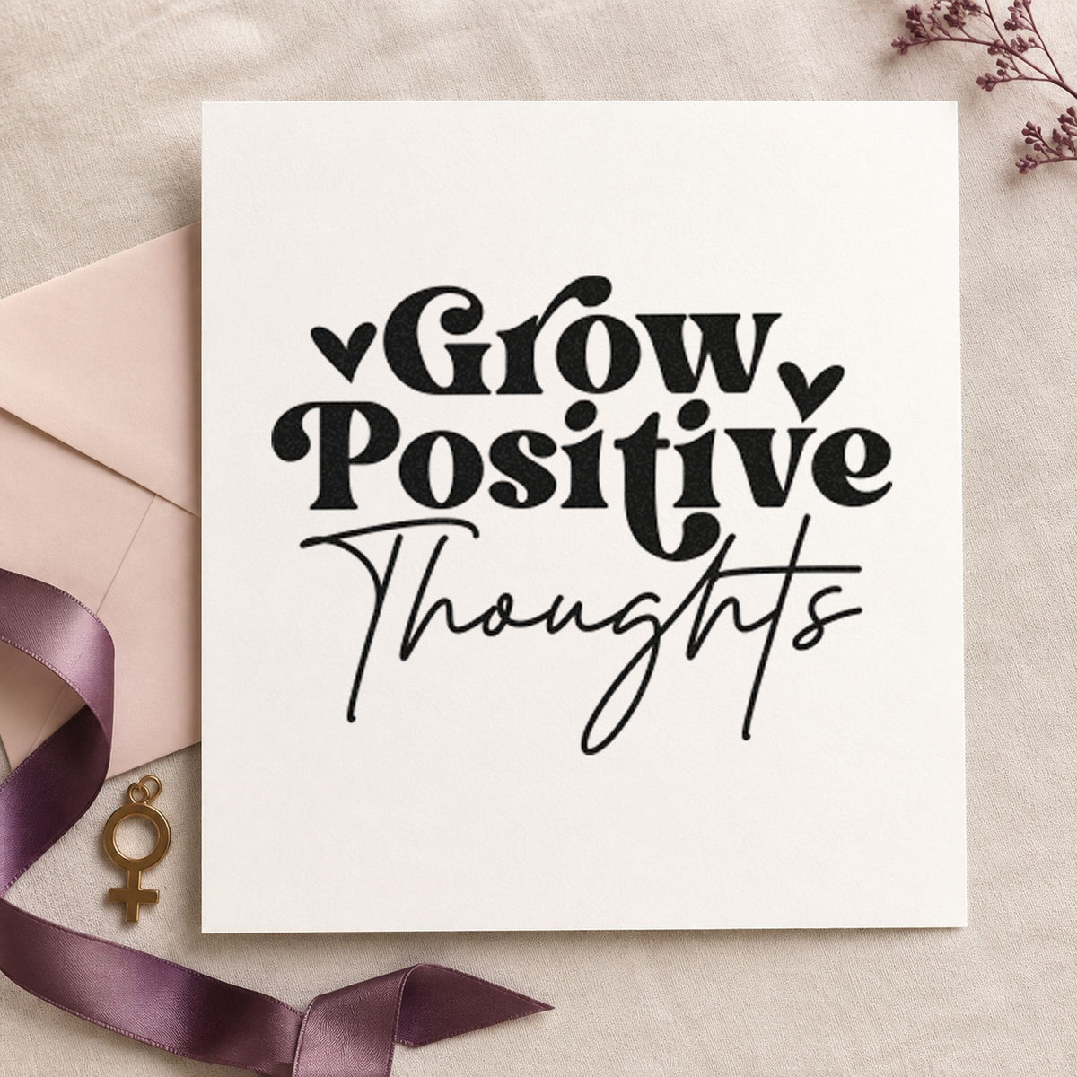 Grow Positive Thoughts Hearts craft stamp in black ink on cardstock, an easy option for garden season album page.
