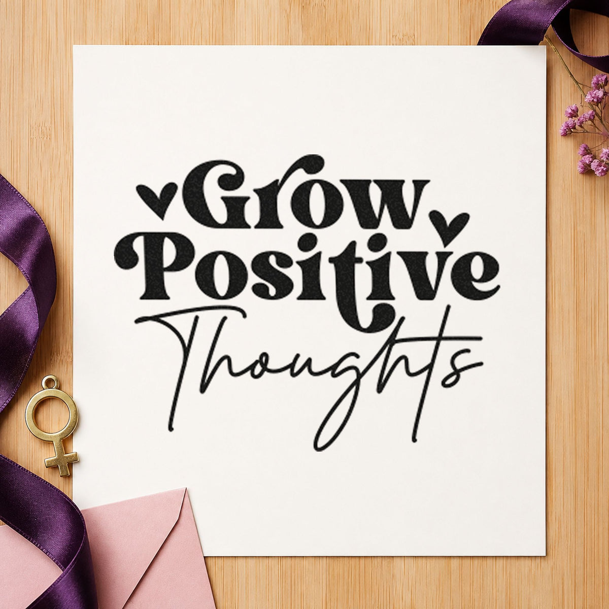 Grow Positive Thoughts Hearts rubber stamp printed in black ink, ready for plot task sheet and similar paper crafts.