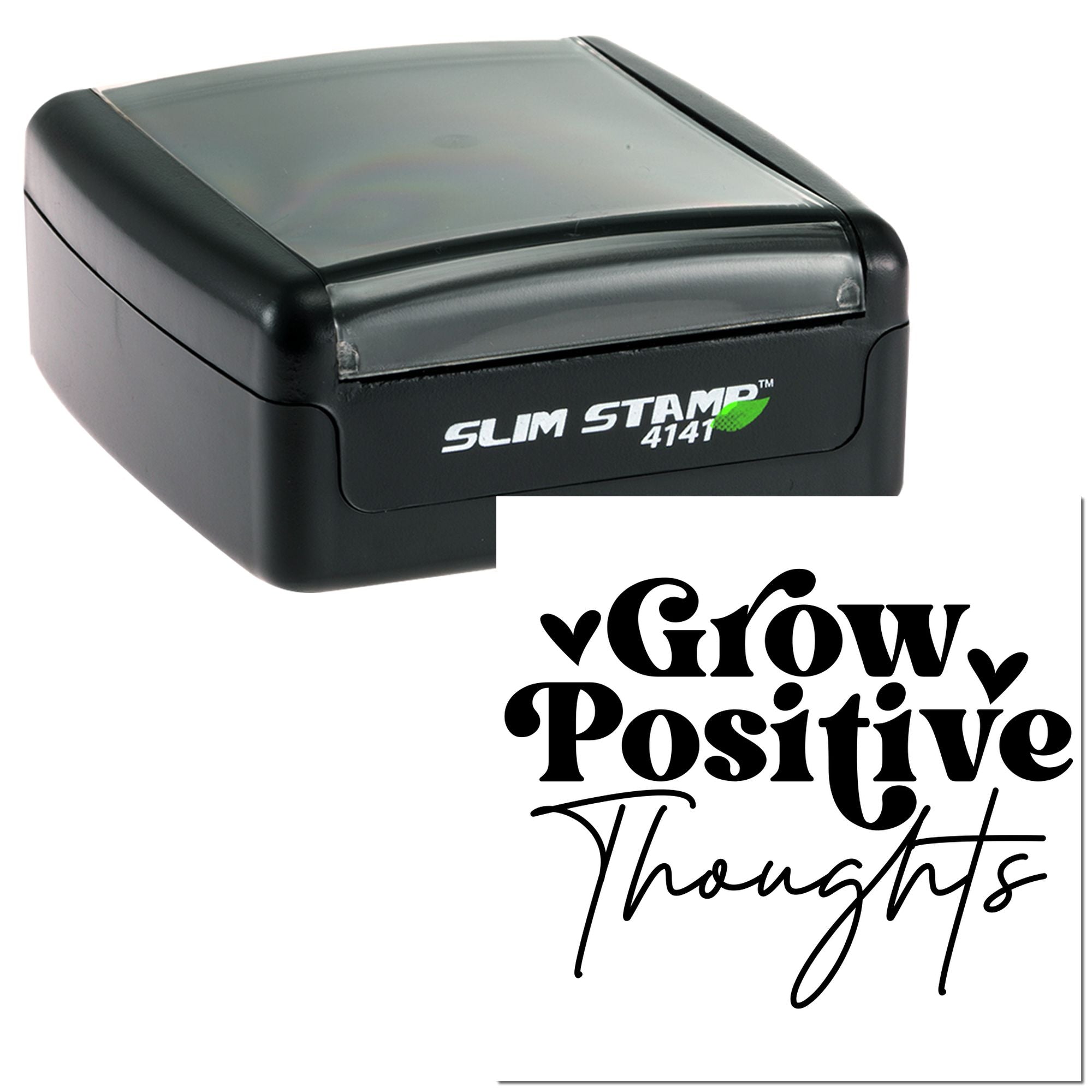 Slim Stamp 4141 self-inking rubber stamp with 'Grow Positive Thoughts' custom imprint for crafts and branding.