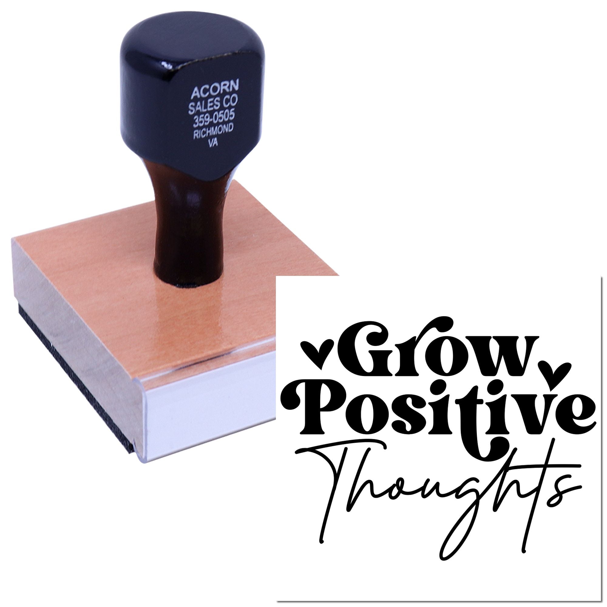 Custom rubber stamp with Grow Positive Thoughts design for inspirational paper crafting and personalized stamping.