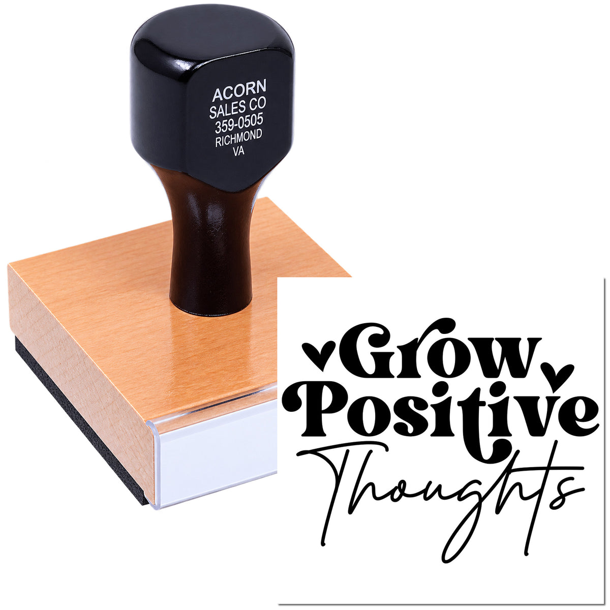 Custom rubber stamp with Grow Positive Thoughts design for inspirational paper crafting and personalized stamping.