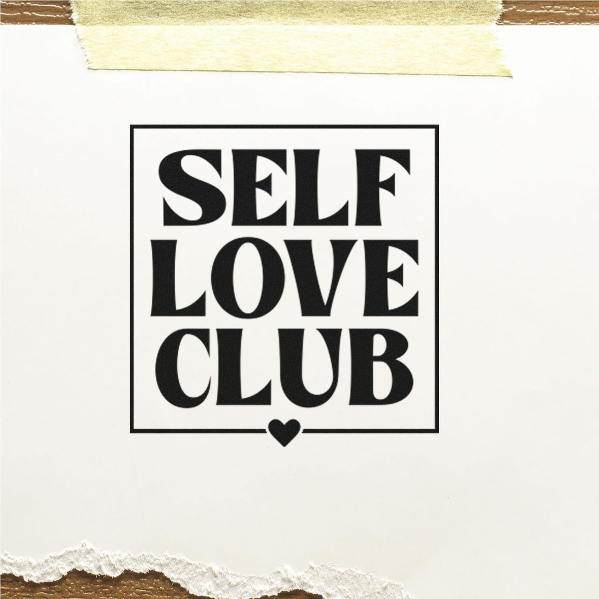 Self Love Club rubber stamp design with bold text and heart icon, perfect for journals, cards, and handmade crafts.