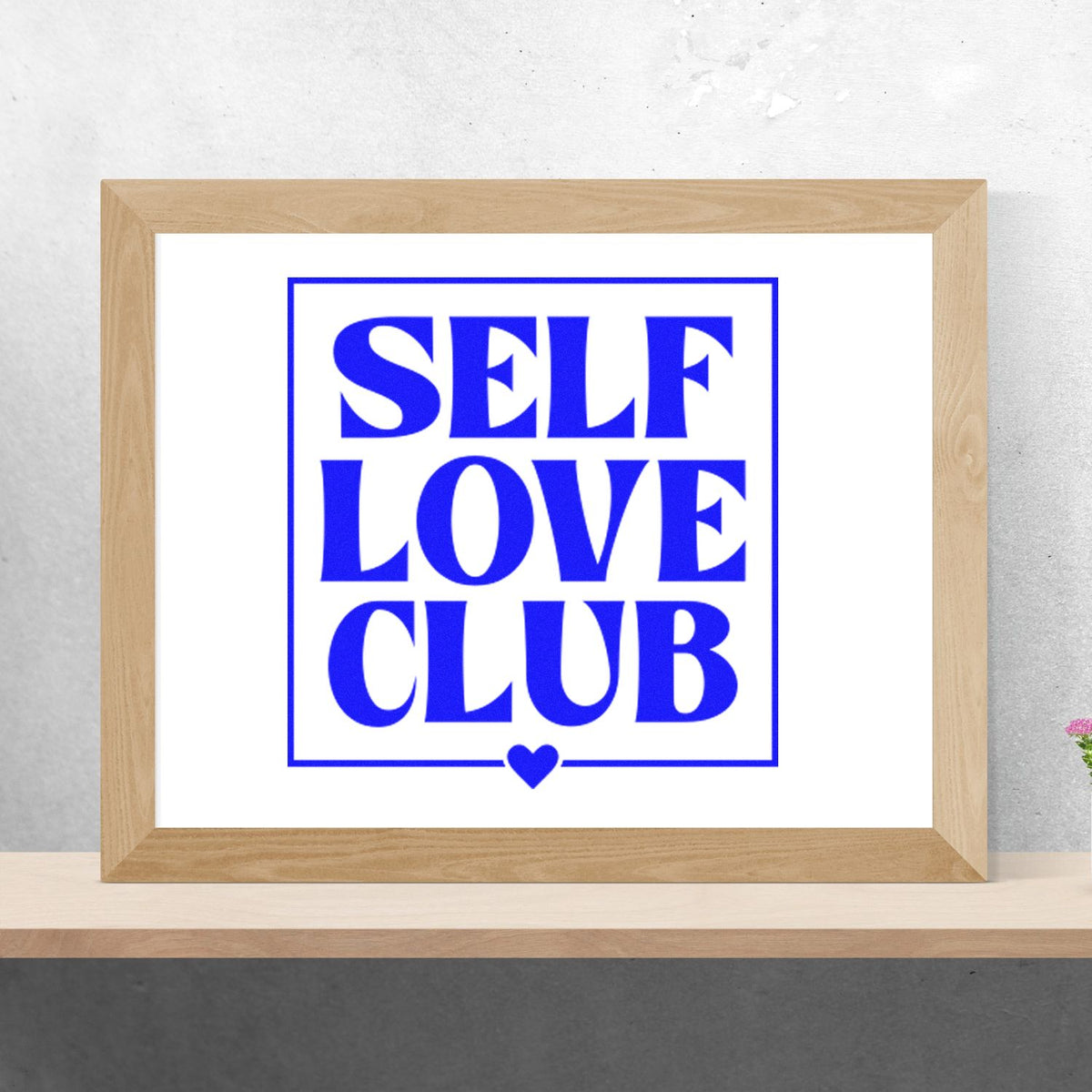 Self Love Club rubber stamp design with bold blue lettering and heart, ideal for handmade cards, journaling, and branding.