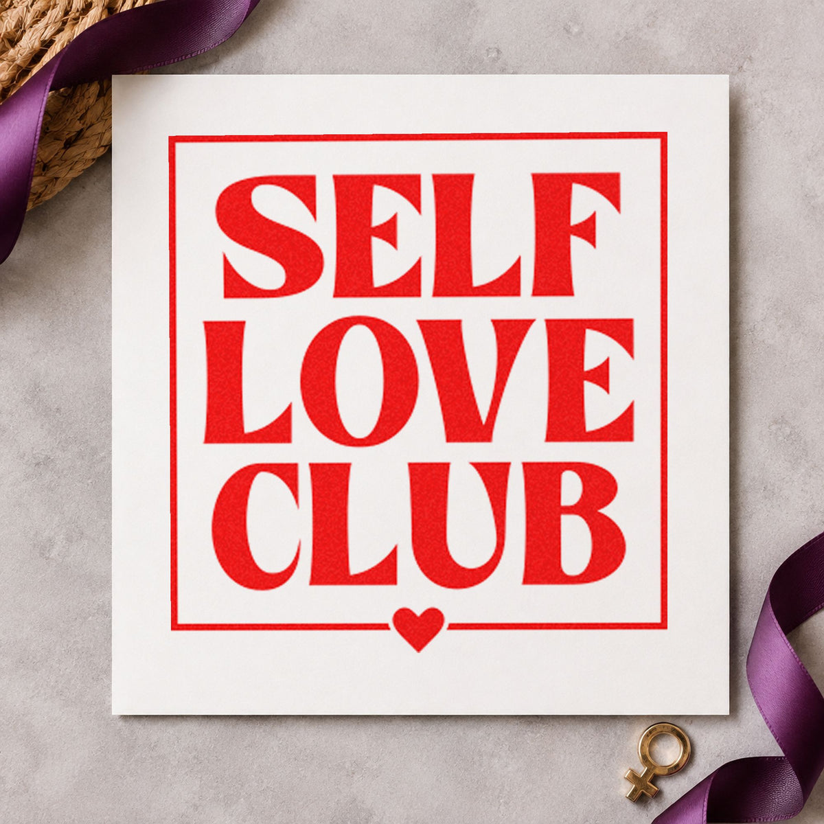 Self Love Club Frame craft stamp imprint in red ink on a handmade project, one idea being focus note cards.