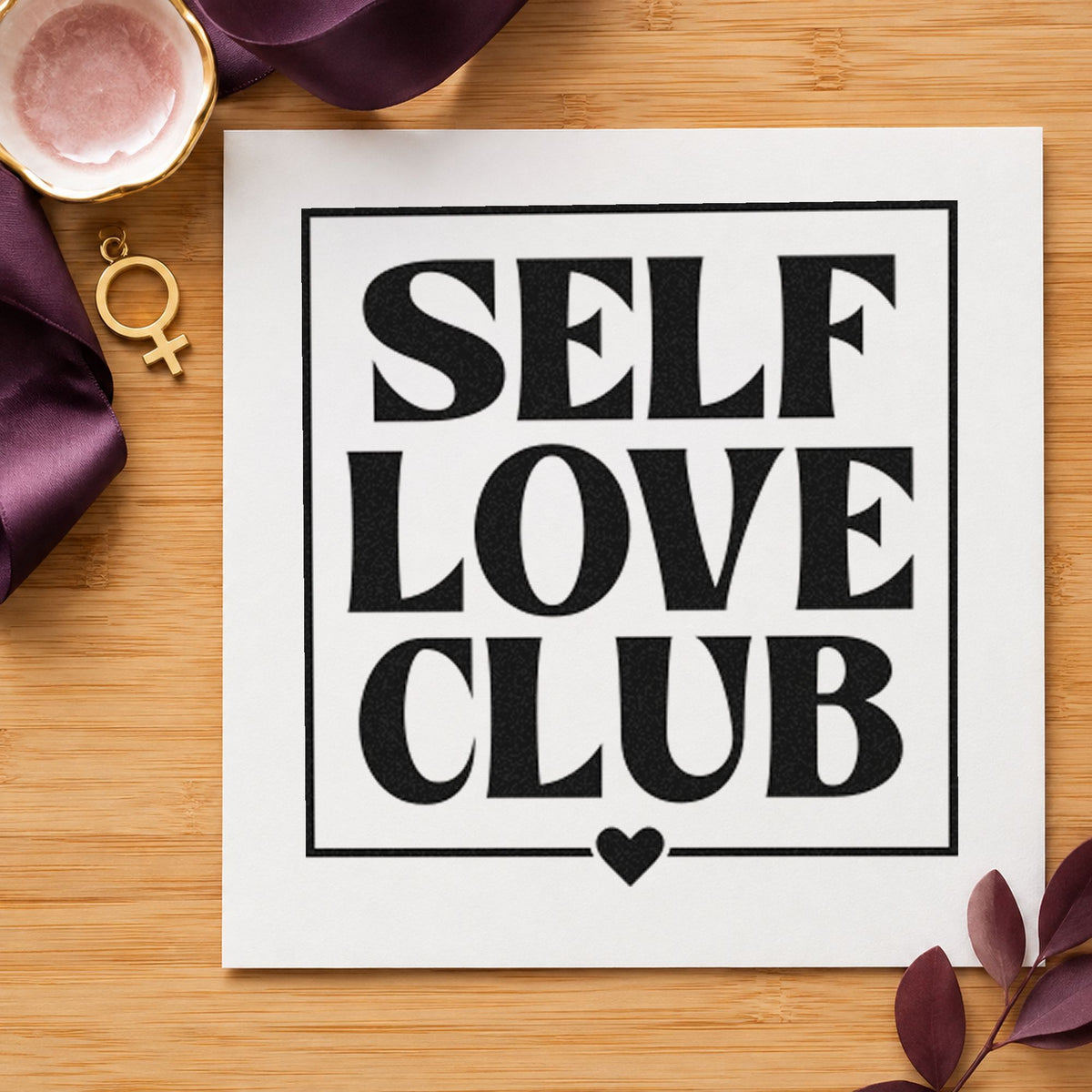 Self Love Club Frame rubber stamp printed in black ink, ready for bordered heart cards and similar paper crafts.