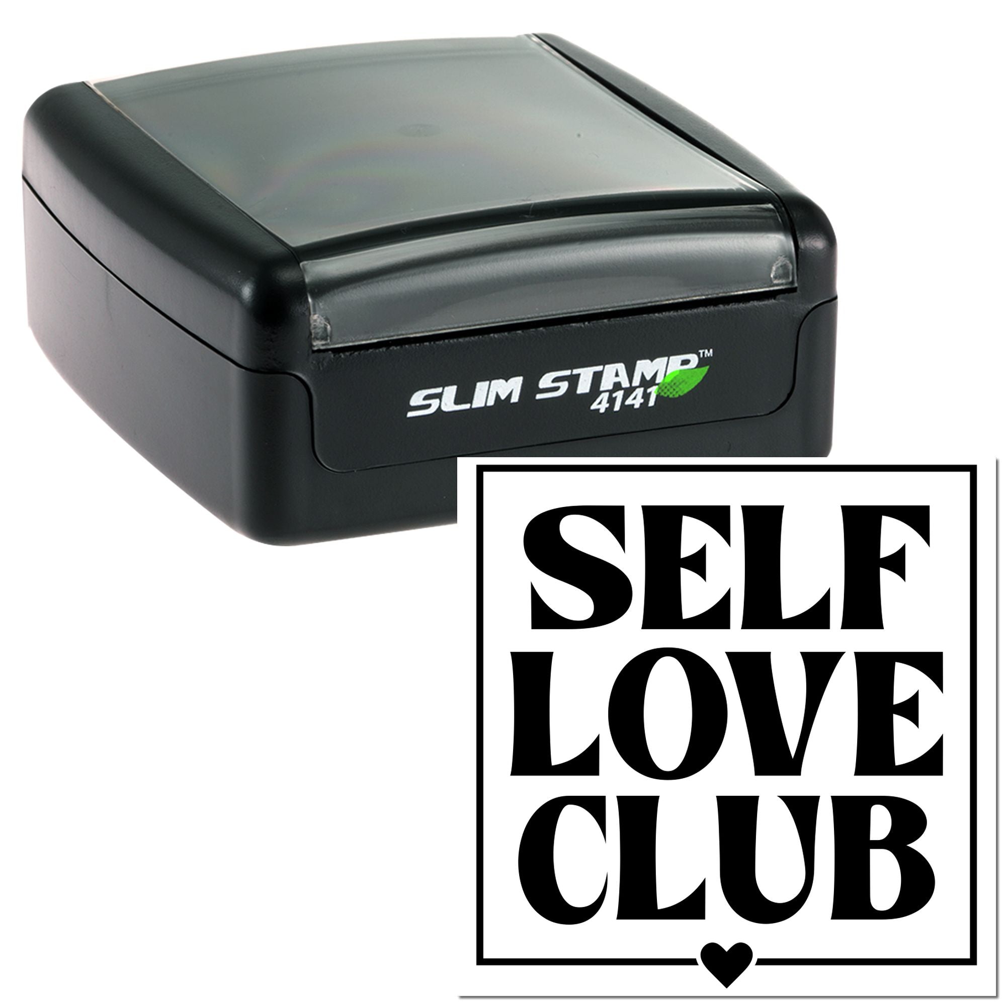 Self-inking rubber stamp with custom SELF LOVE CLUB imprint for personalized branding and craft projects.