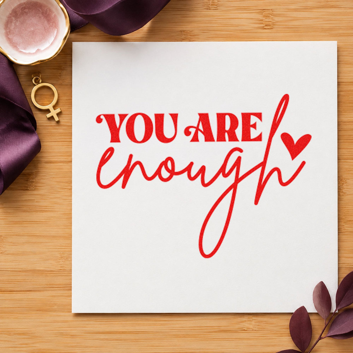 You Are Enough Heart rubber stamp shown in red ink, stamped for projects such as drawer project labels.