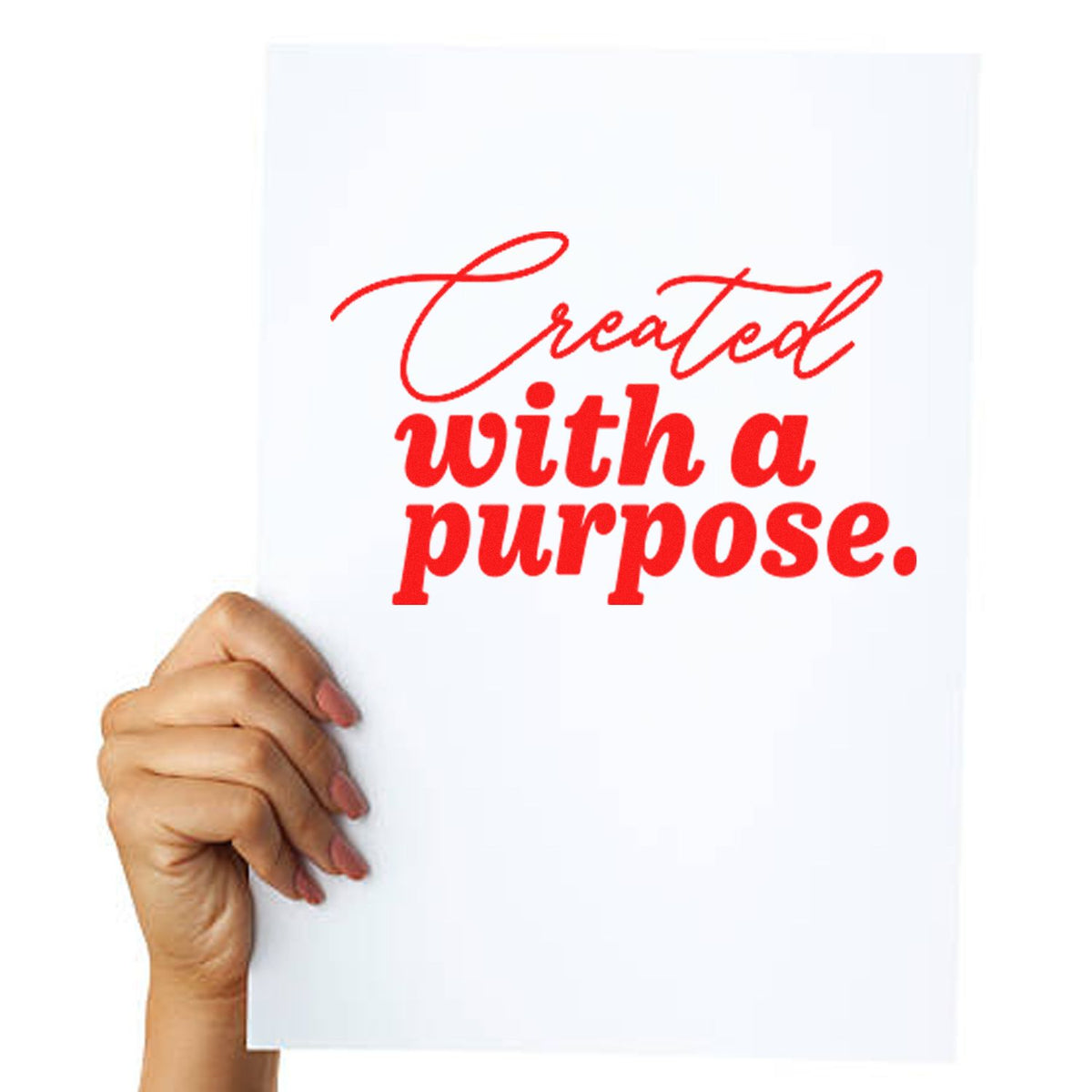 Custom rubber stamp phrase design: Created with a purpose in red script and bold type for branding or packaging.
