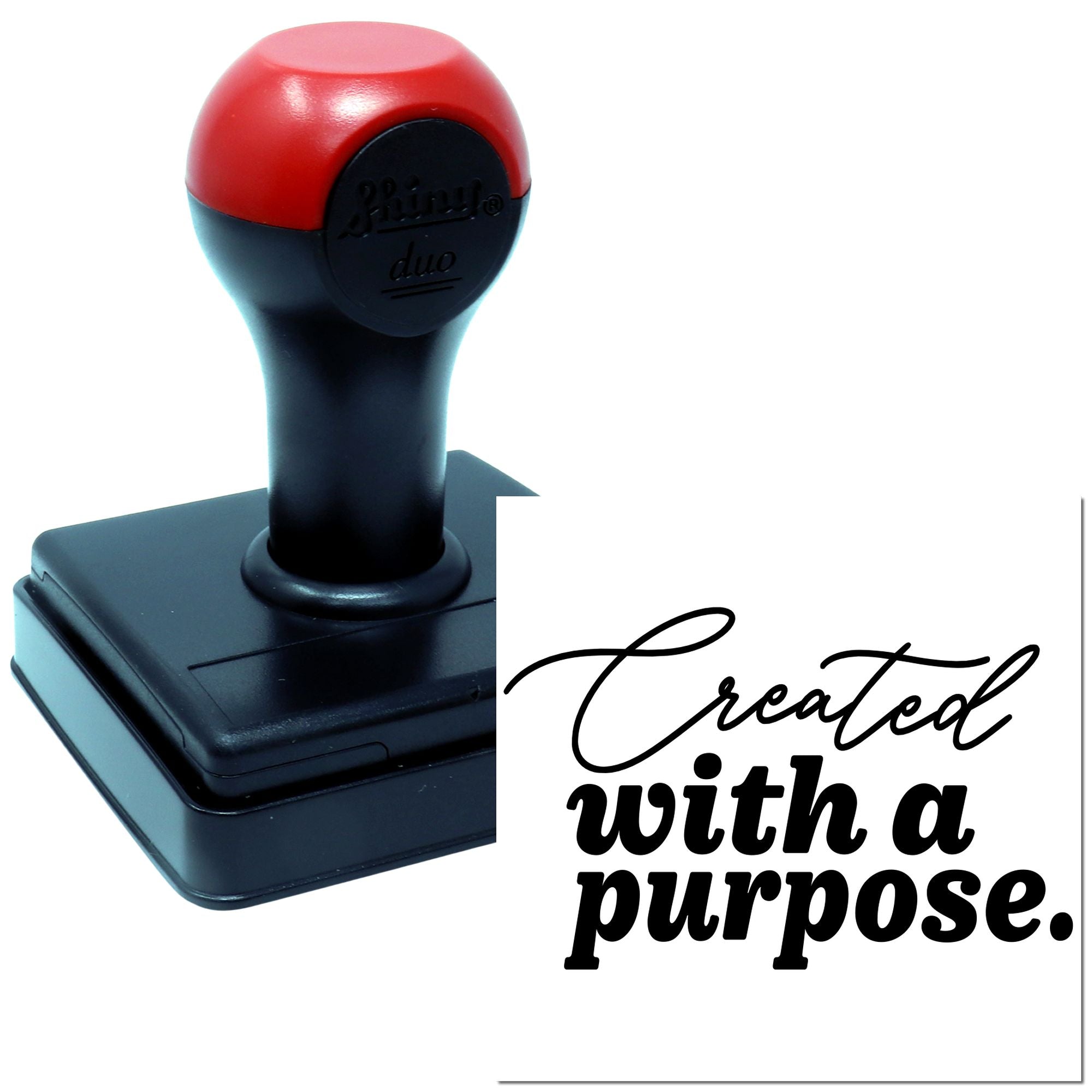 Self-inking rubber stamp showing Created with a purpose for custom branding, packaging, and inspirational crafts.