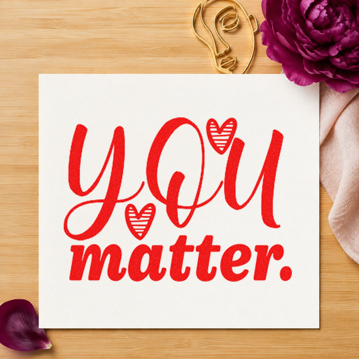 You Matter Striped Hearts craft stamp imprint in red ink on a handmade project, one idea being encourage note cards.