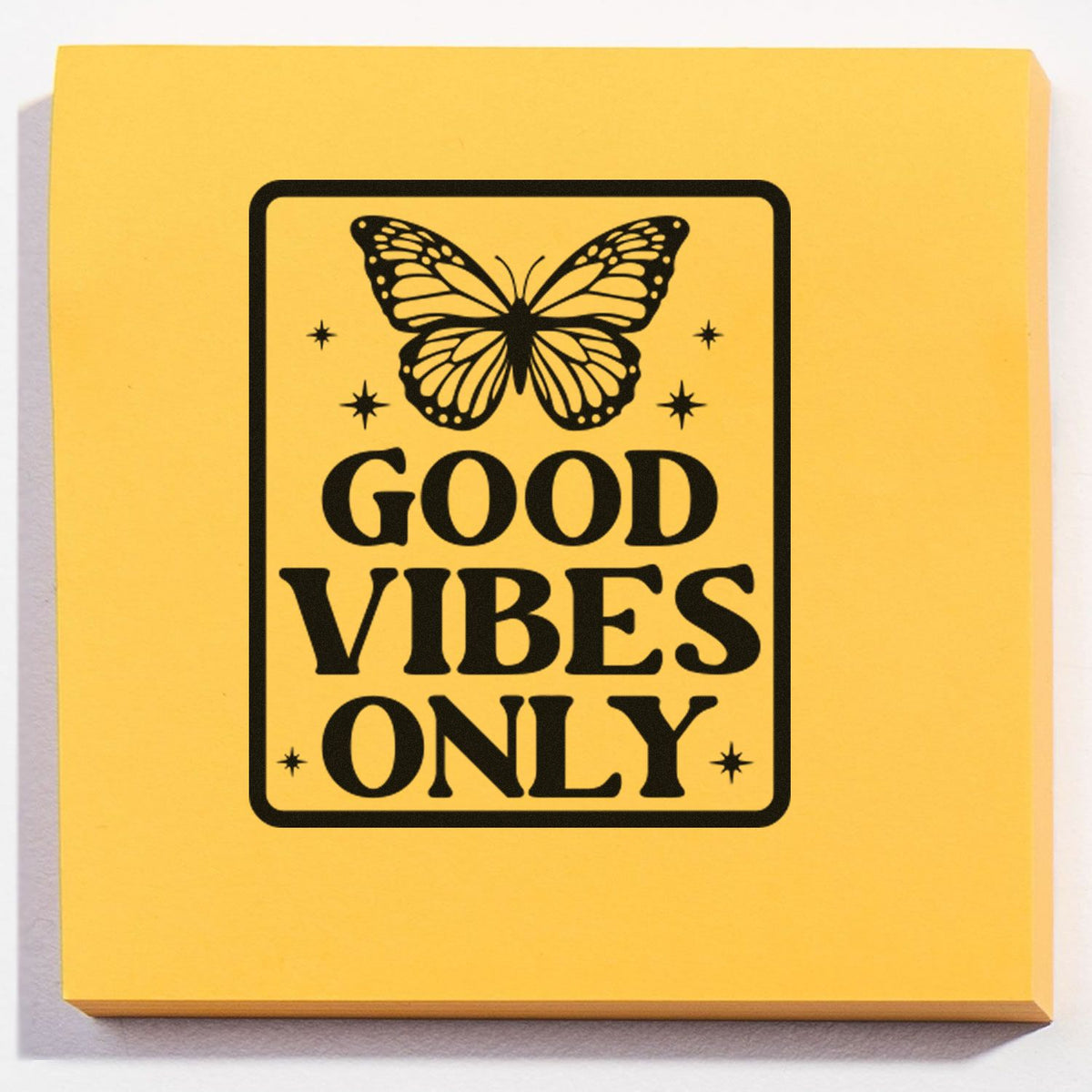 Butterfly rubber stamp design with Good Vibes Only text for uplifting crafting, stationery, and handmade projects.