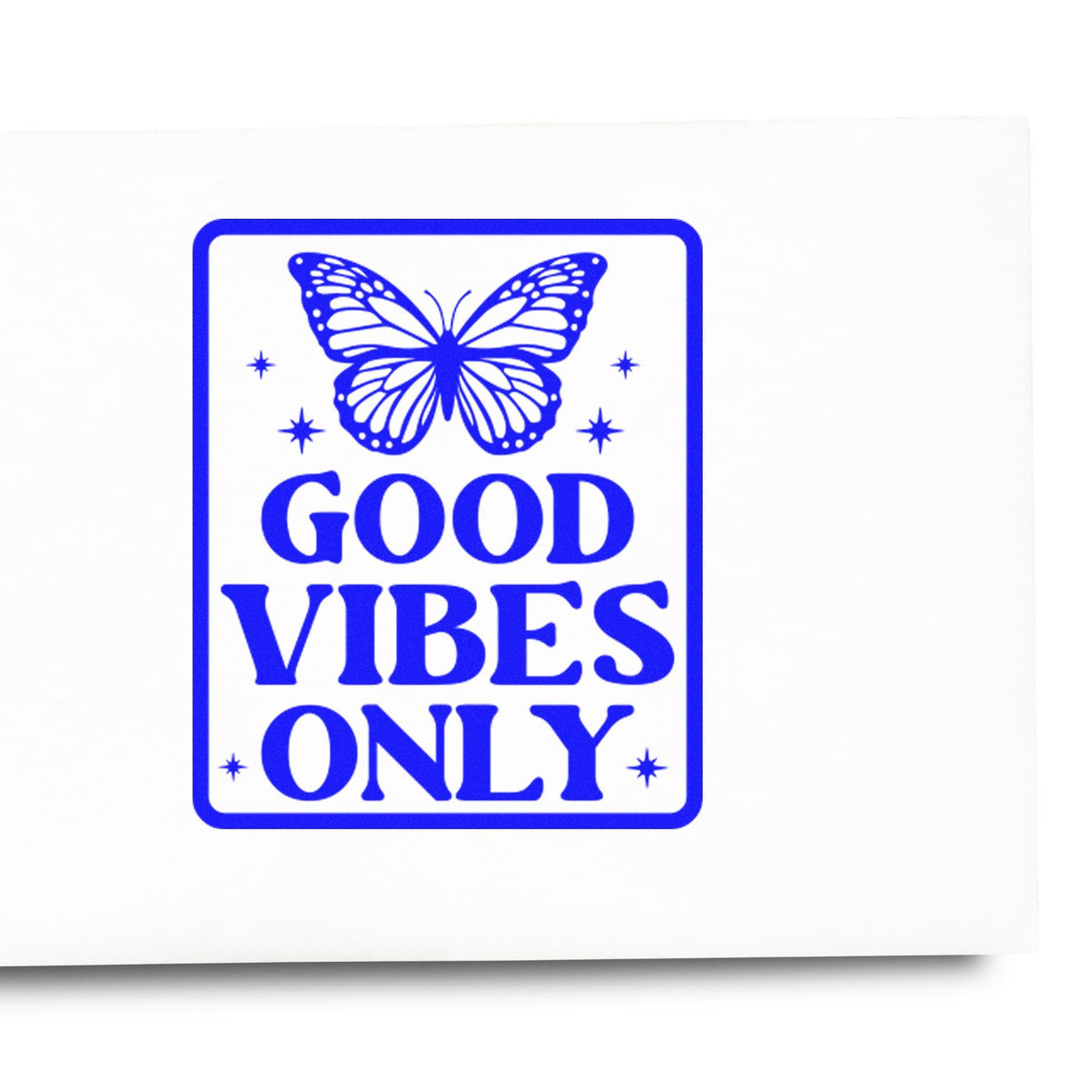 Good Vibes Only butterfly rubber stamp design with stars for positive handmade cards, crafts, and packaging.