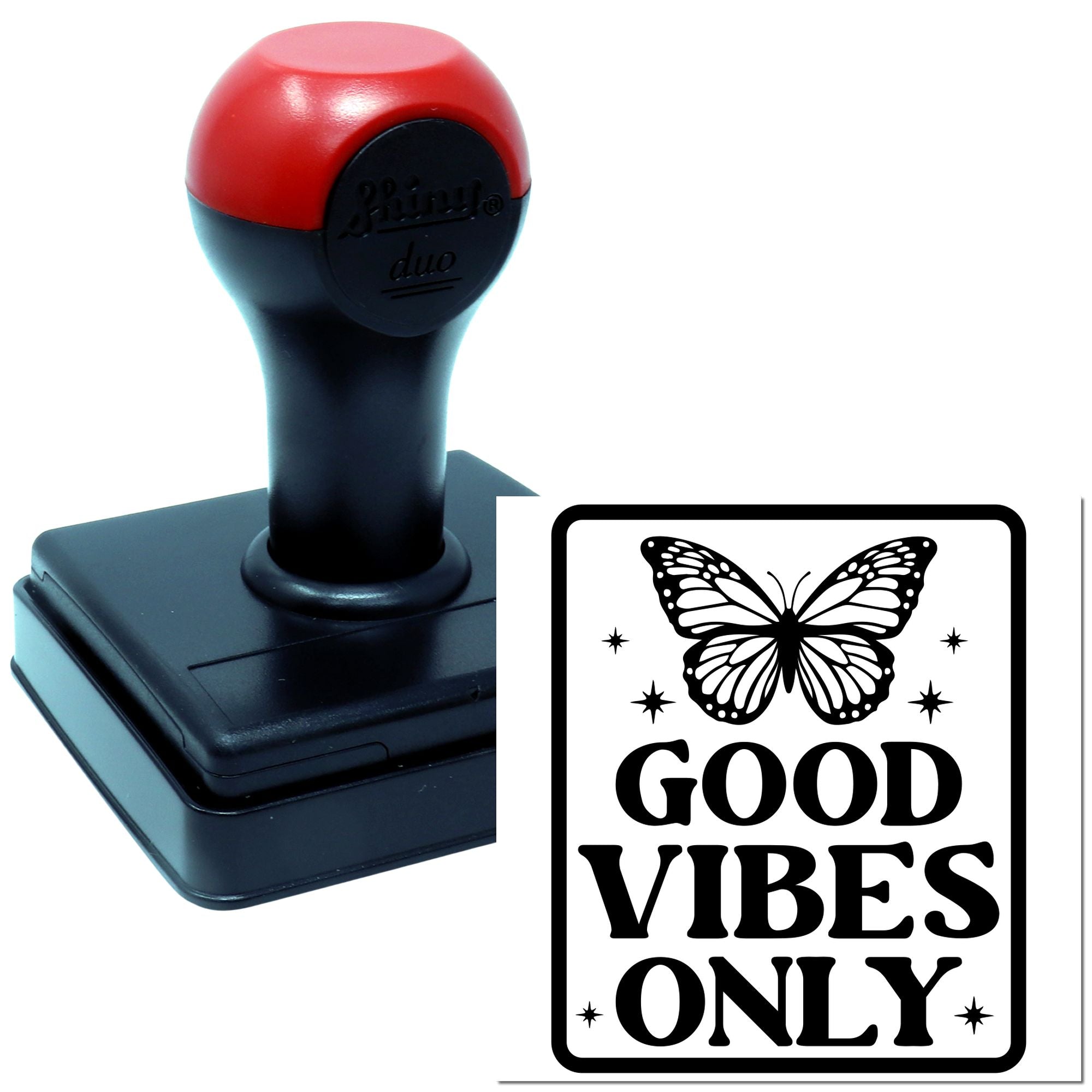 Self-inking rubber stamp featuring a butterfly and Good Vibes Only design for custom inspirational stamping.