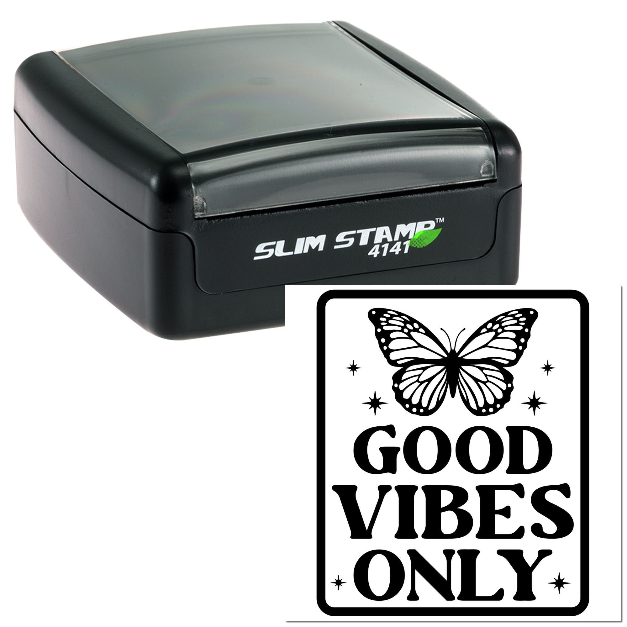 Self-inking rubber stamp with butterfly and GOOD VIBES ONLY design for custom craft or business stamping.