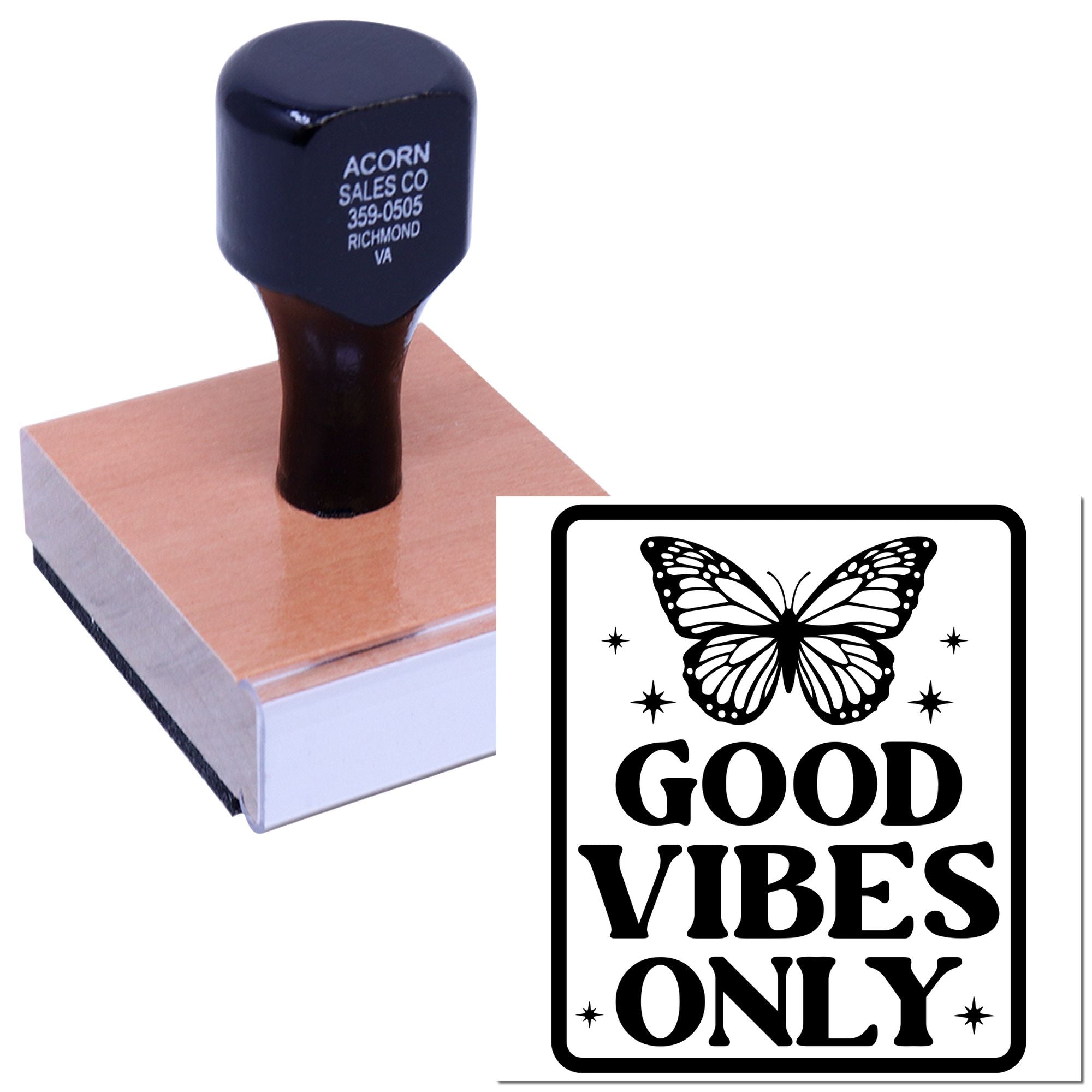 Custom rubber stamp with butterfly and Good Vibes Only design for personalized crafts and branding.