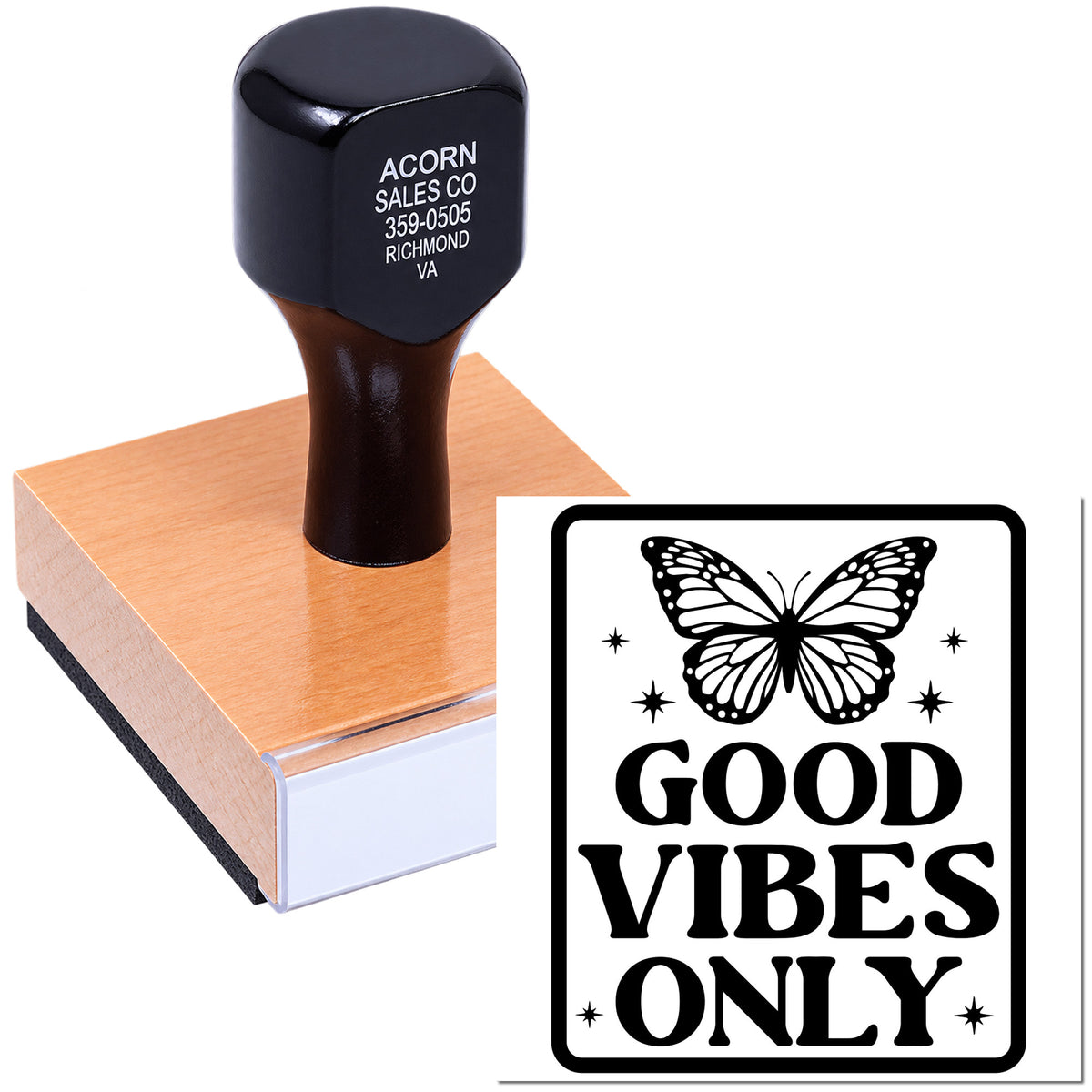 Custom rubber stamp with butterfly and Good Vibes Only design for personalized crafts and branding.