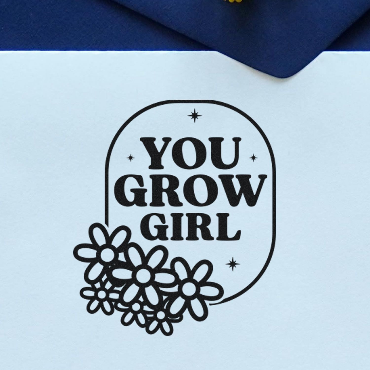 You Grow Girl floral rubber stamp design with bold inspirational lettering, perfect for handmade cards and gift packaging.