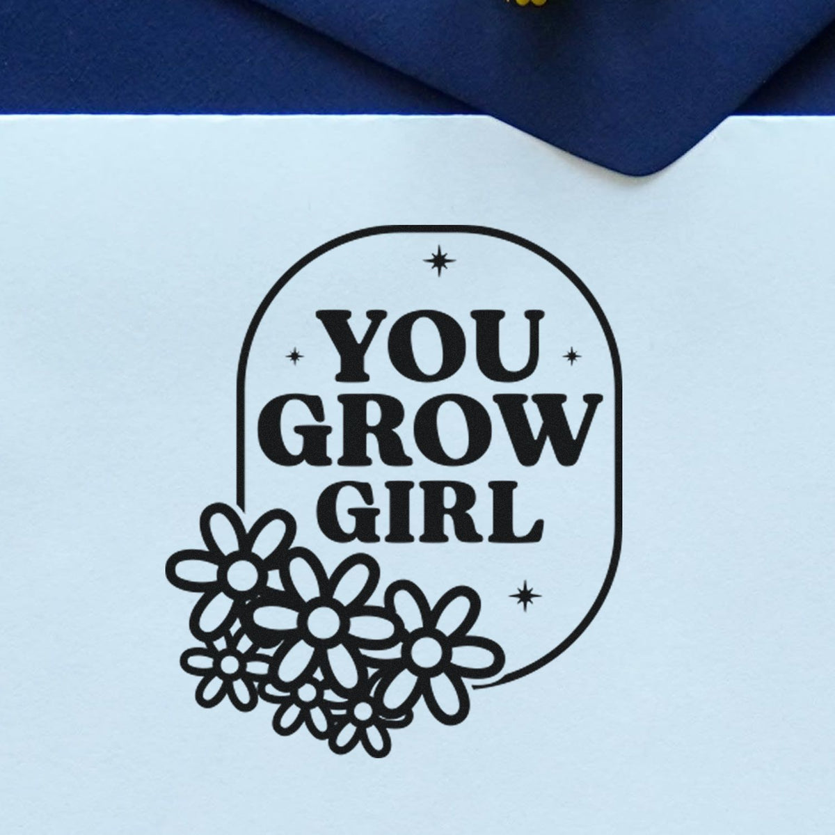 You Grow Girl floral rubber stamp for cards, scrapbooking, and motivational crafts with bold lettering and flower accents.