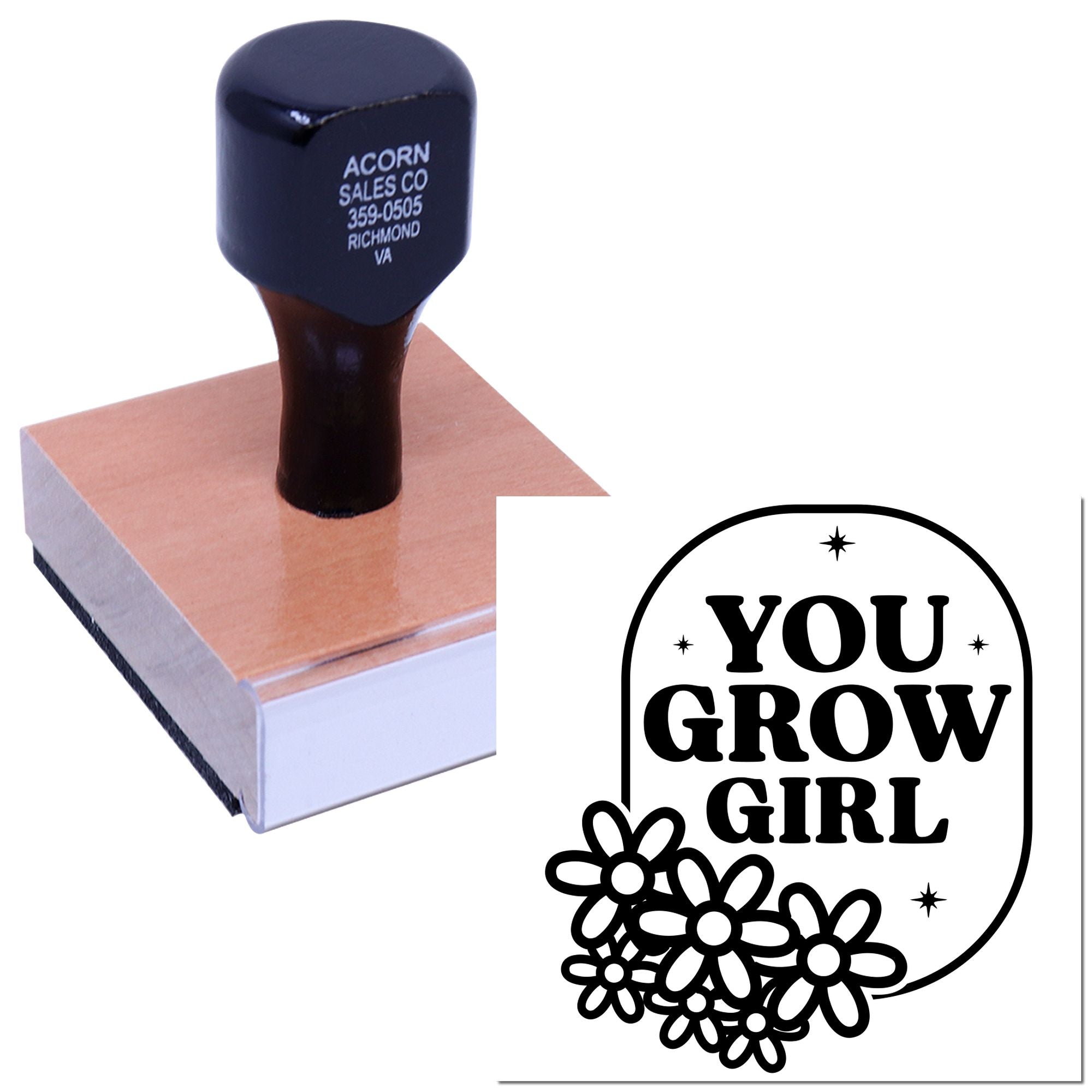 Custom rubber stamp with You Grow Girl floral design for DIY crafts, packaging, and feminine branding.