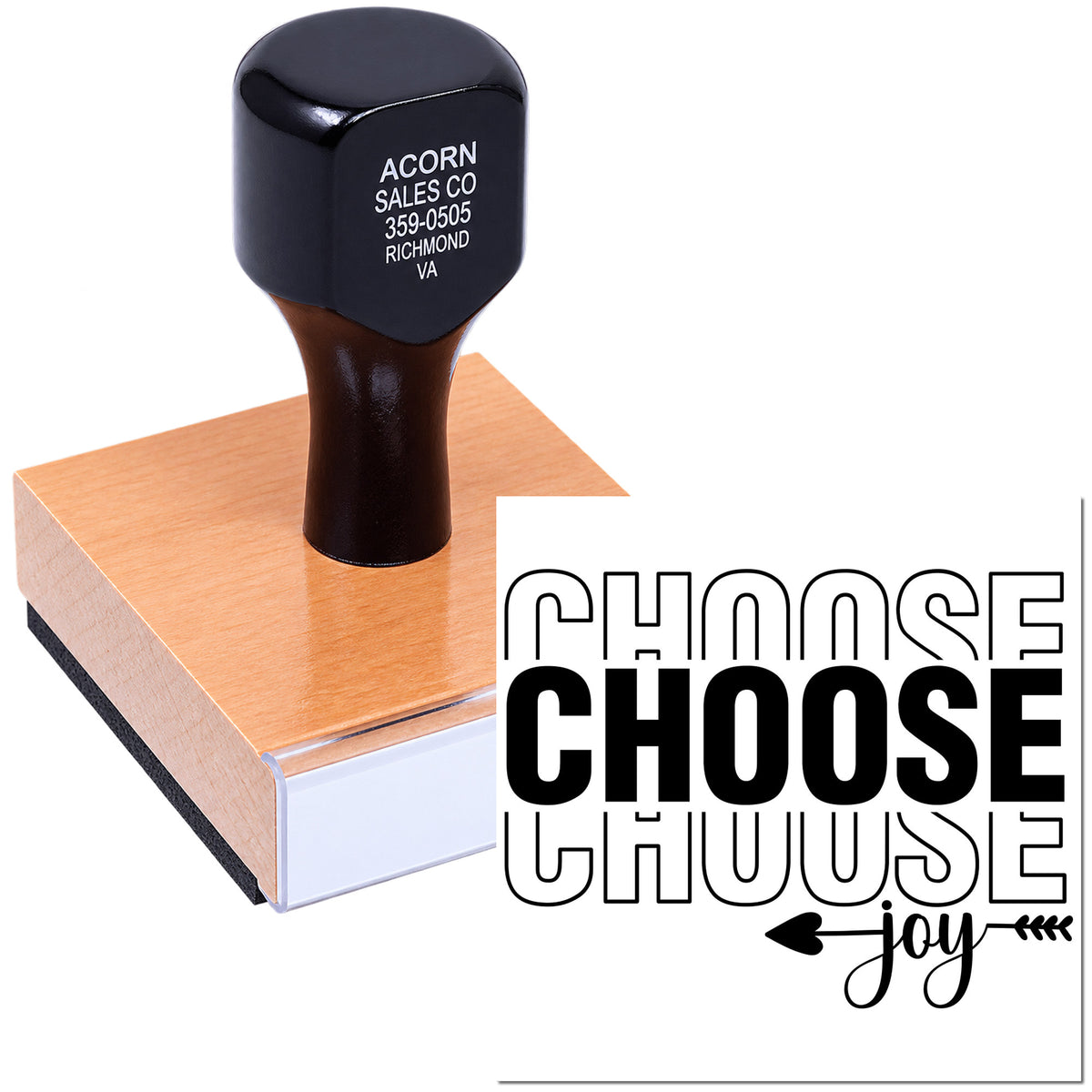 Custom rubber stamp featuring Choose Joy text and arrow design for handmade cards, crafts, and packaging.