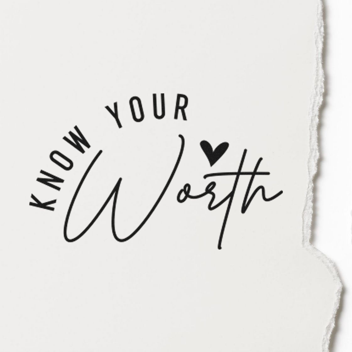 Know Your Worth custom rubber stamp design with heart for personalized crafts, stationery, and packaging.