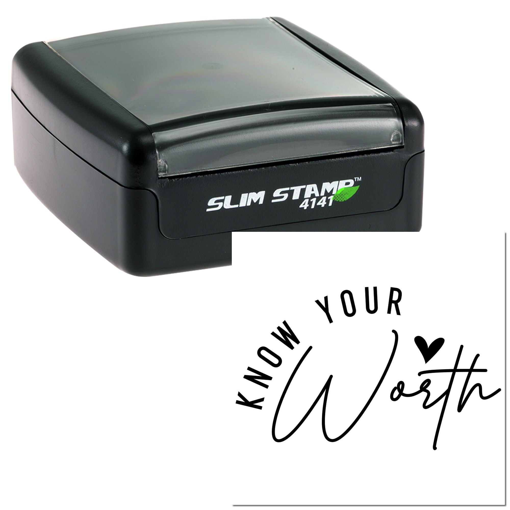 Self-inking rubber stamp with Know Your Worth imprint, ideal for custom motivational office or craft stamping.