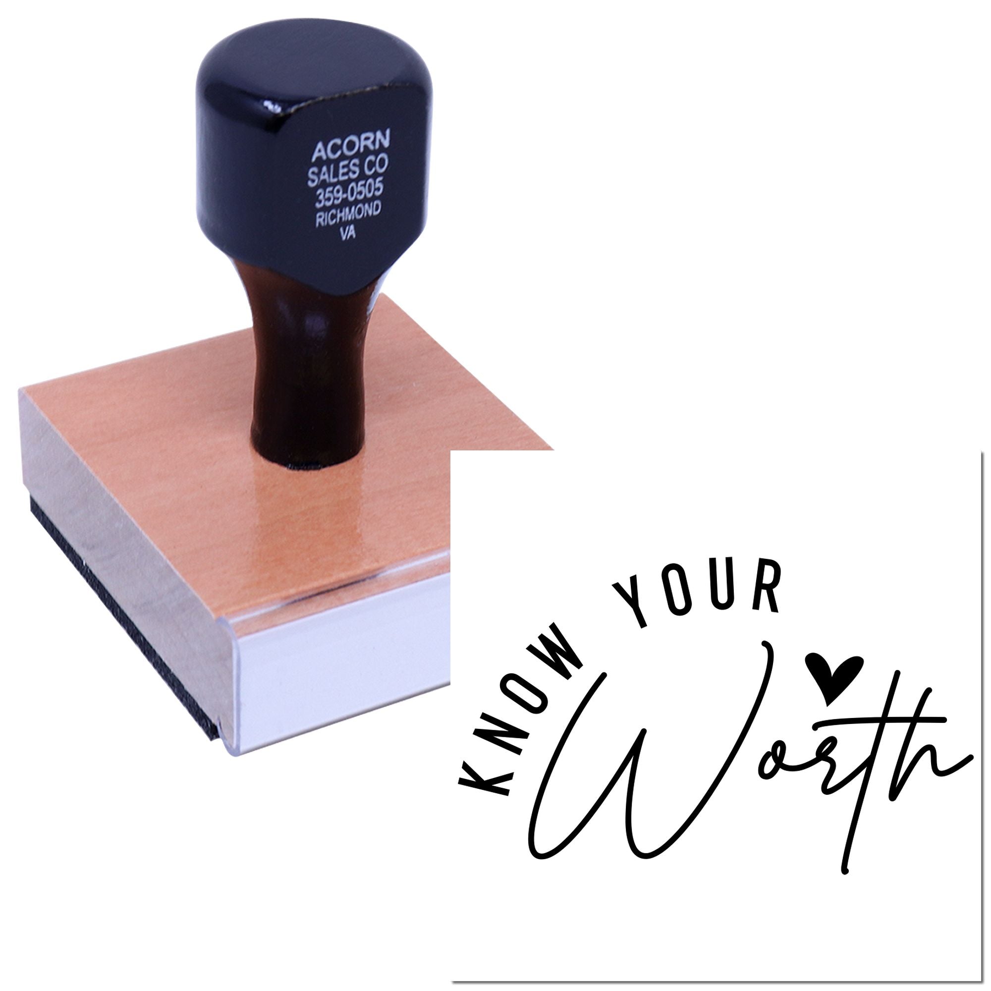 Custom rubber stamp printing a business logo and Know Your Worth design for personalized branding and stationery.