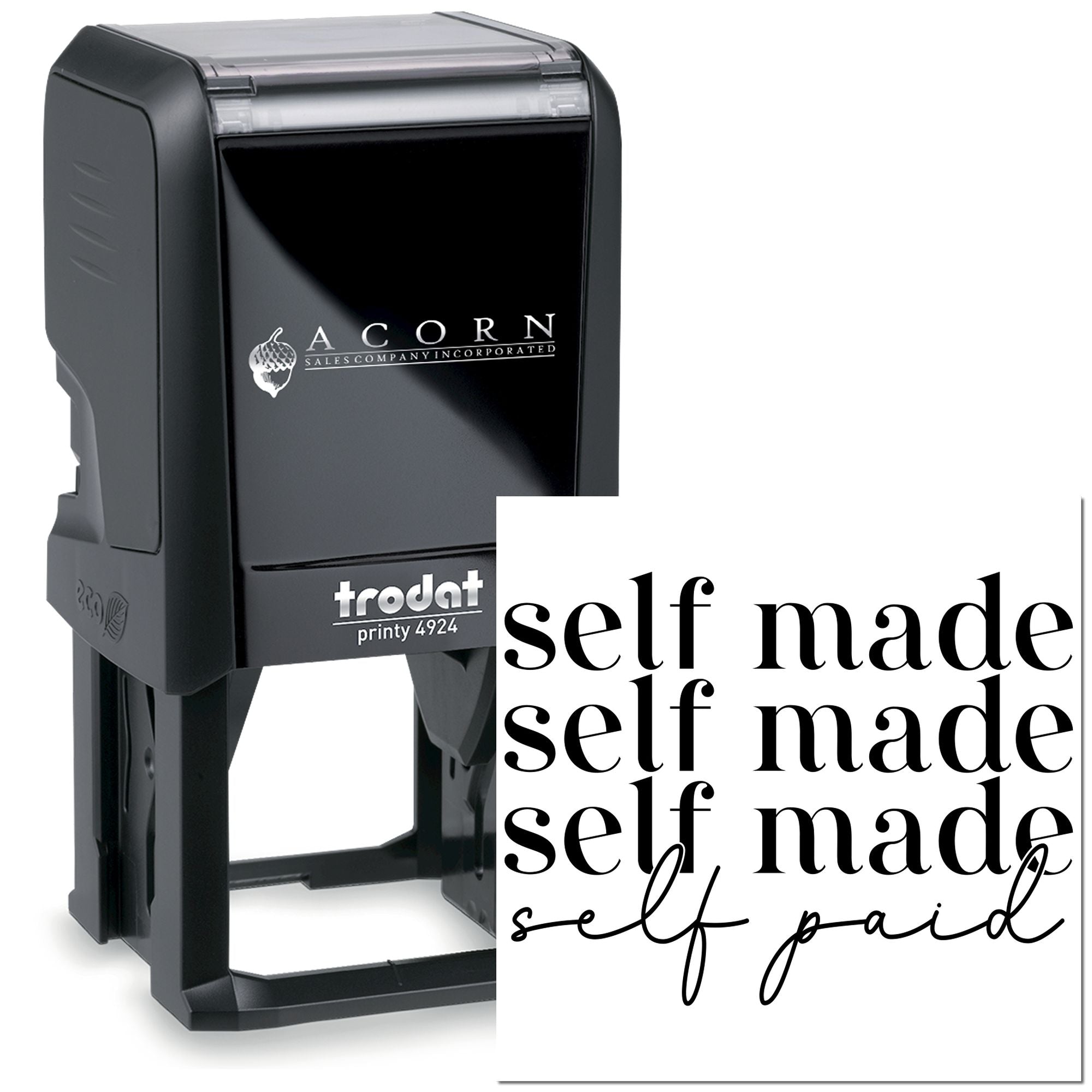 Custom self-inking rubber stamp with business logo, Trodat Printy 4924, for branded documents and packaging.