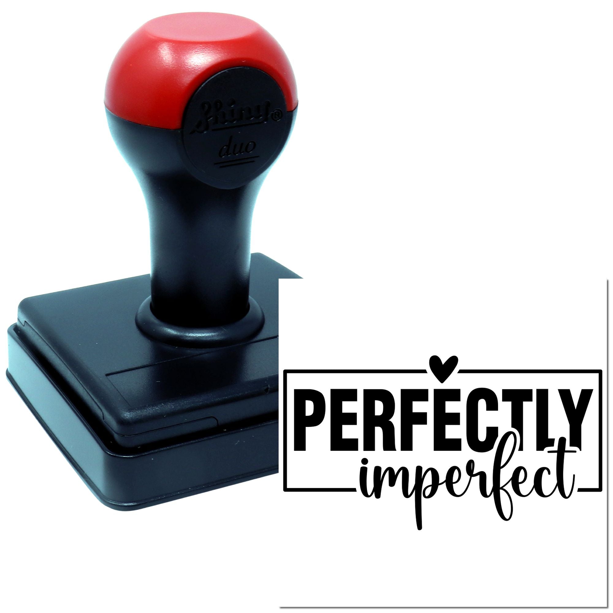 Self-inking rubber stamp with Perfectly Imperfect design for handmade packaging, crafts, and personalized branding.