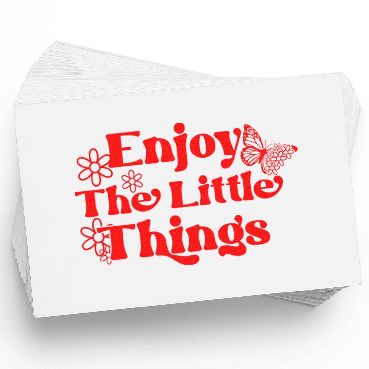Decorative rubber stamp design reading Enjoy The Little Things with flowers and butterfly accents.