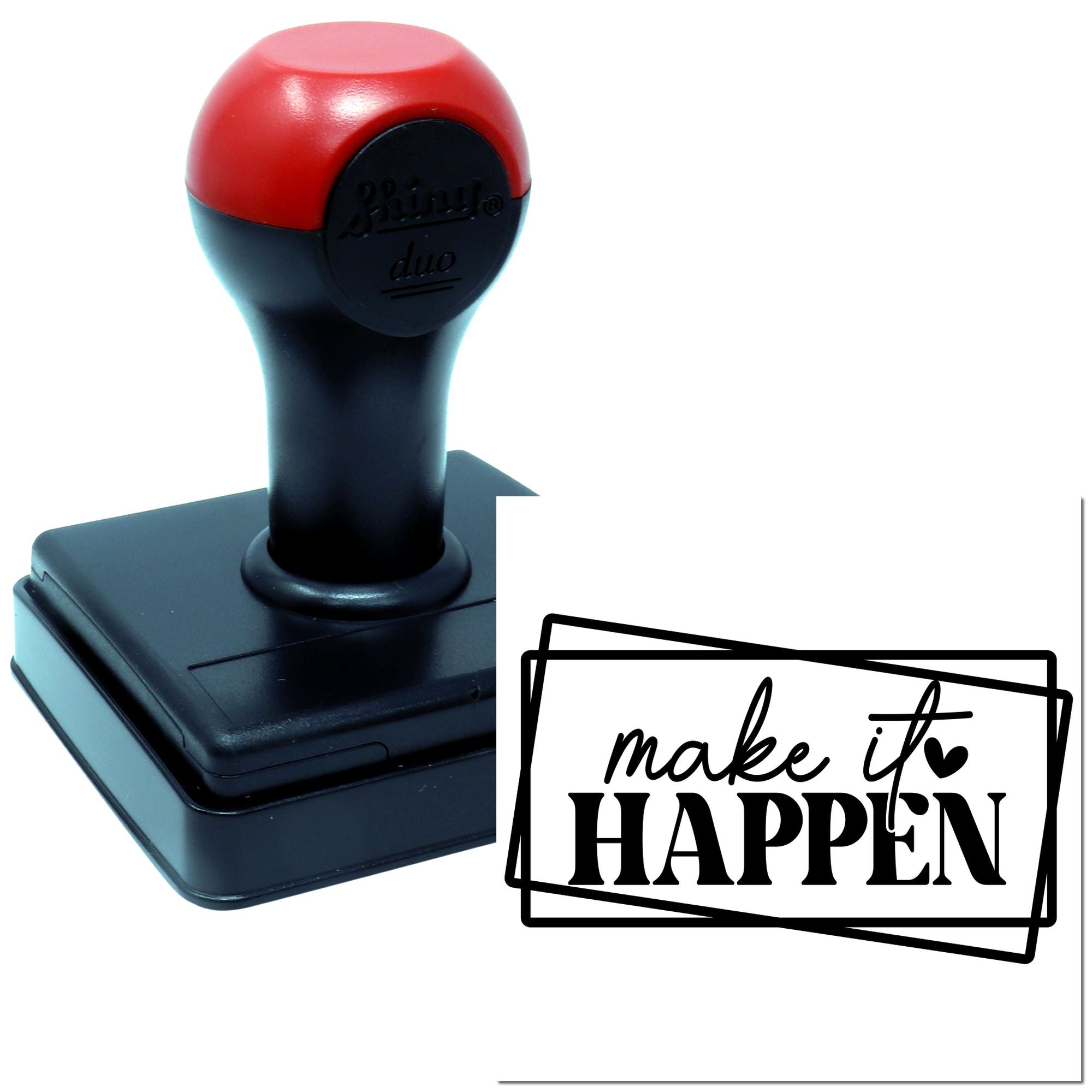 Self-inking rubber stamp with make it happen motivational imprint for custom office or craft use.