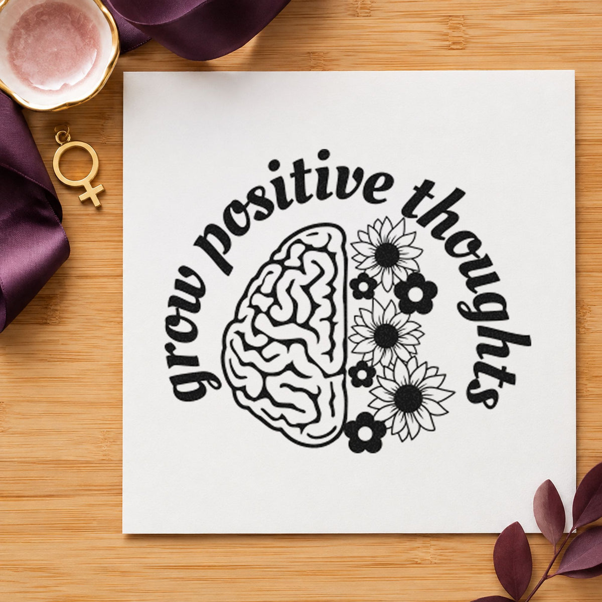 Grow Positive Thoughts Brain craft stamp imprint in black ink on a handmade project, one idea being manual gift tags.