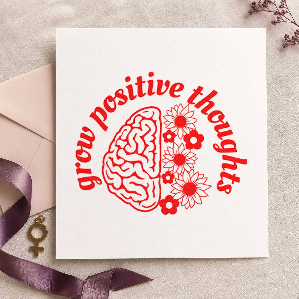 Grow Positive Thoughts Brain rubber stamp shown in red ink, stamped for projects such as shelf manual labels.