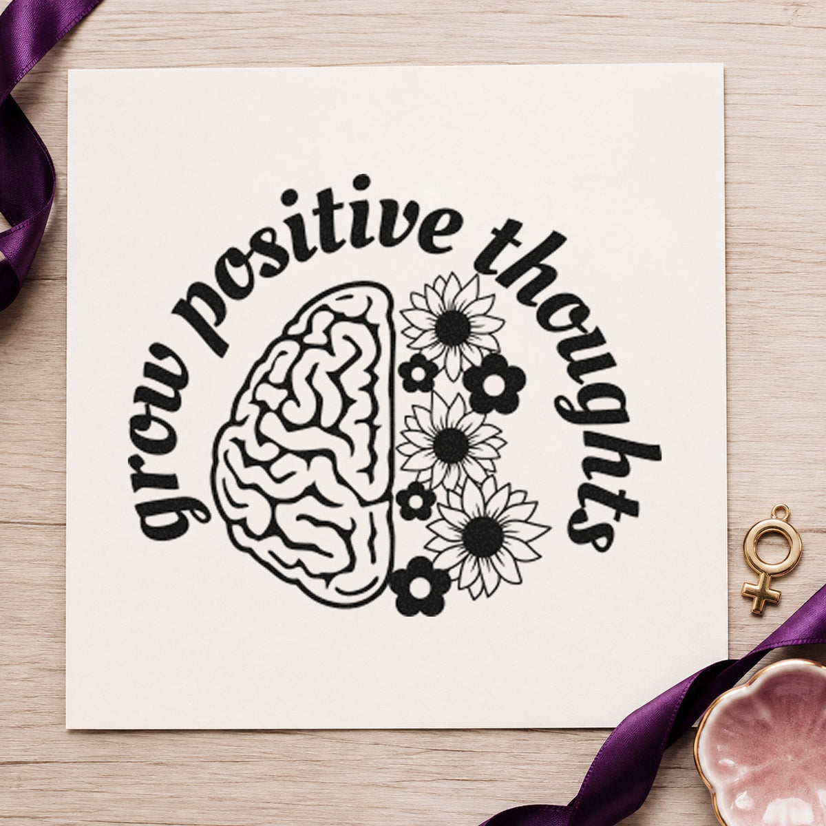 Grow Positive Thoughts Brain rubber stamp printed in black ink, ready for half flower cards and similar paper crafts.