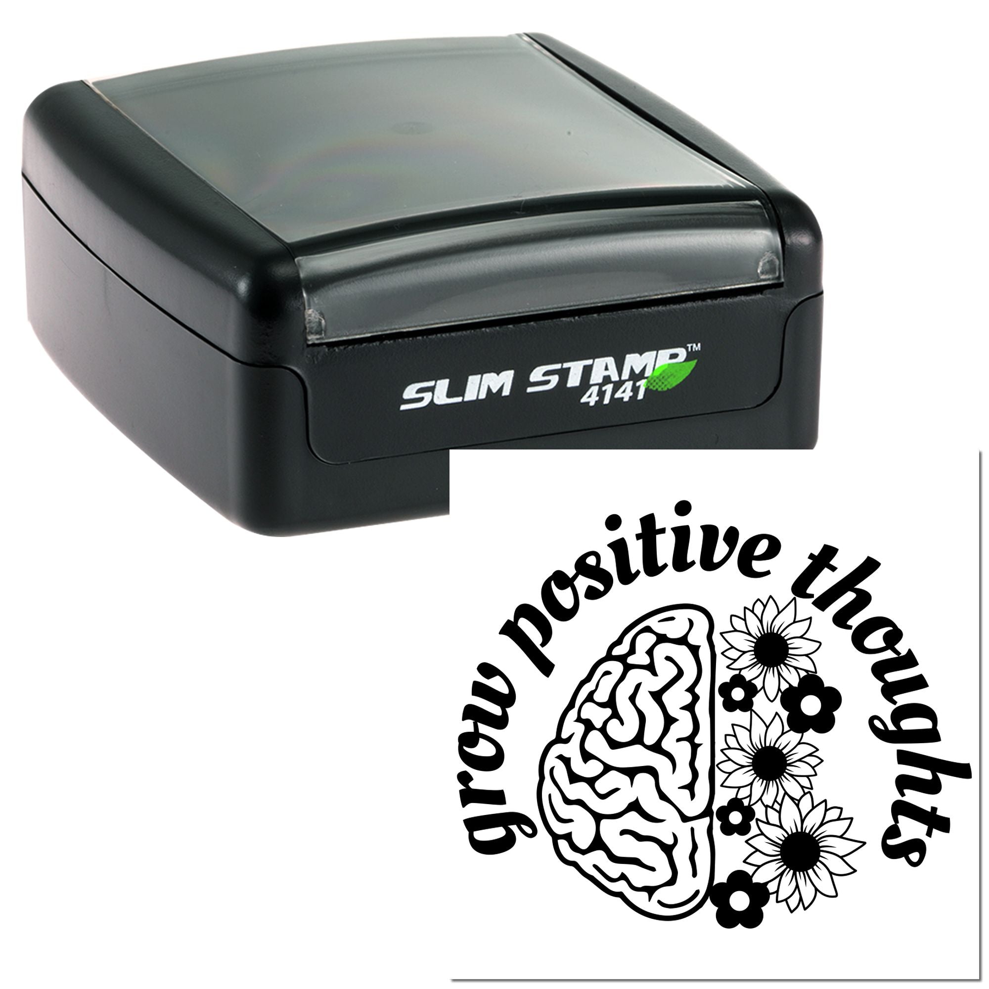 Slim Stamp 4141 self-inking rubber stamp with grow positive thoughts brain and flower design