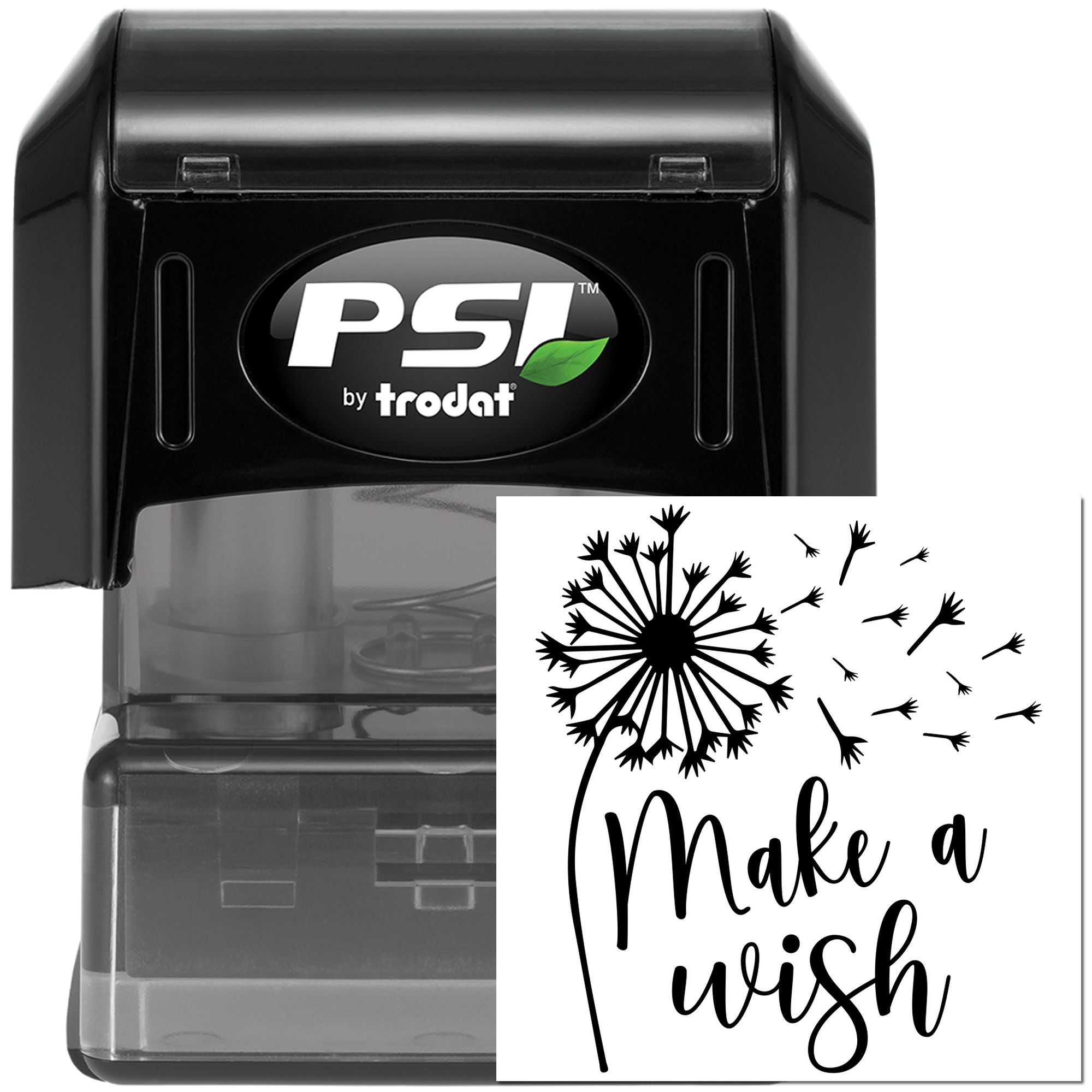 PSI by Trodat self-inking rubber stamp with custom Make a Wish dandelion design for weddings and crafting