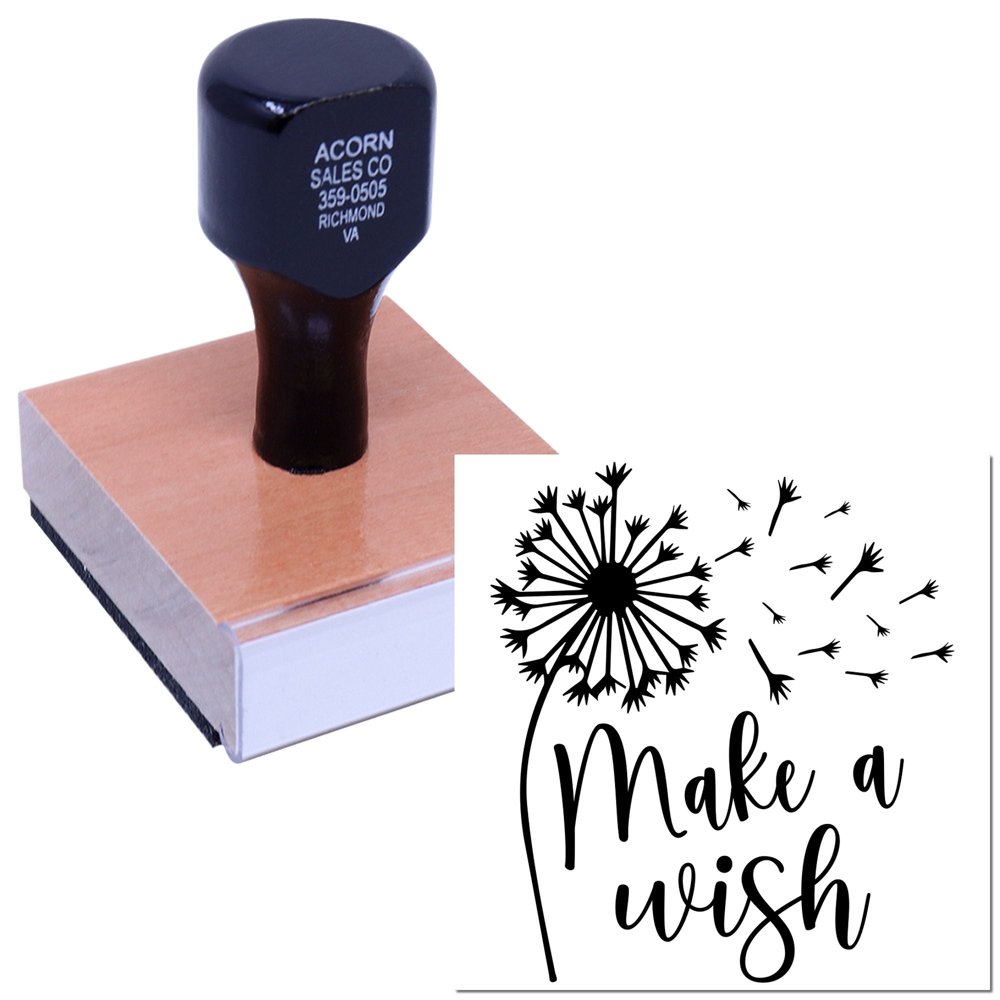Custom rubber stamp with dandelion Make a Wish design, ideal for handmade cards, crafts, and wedding favors.