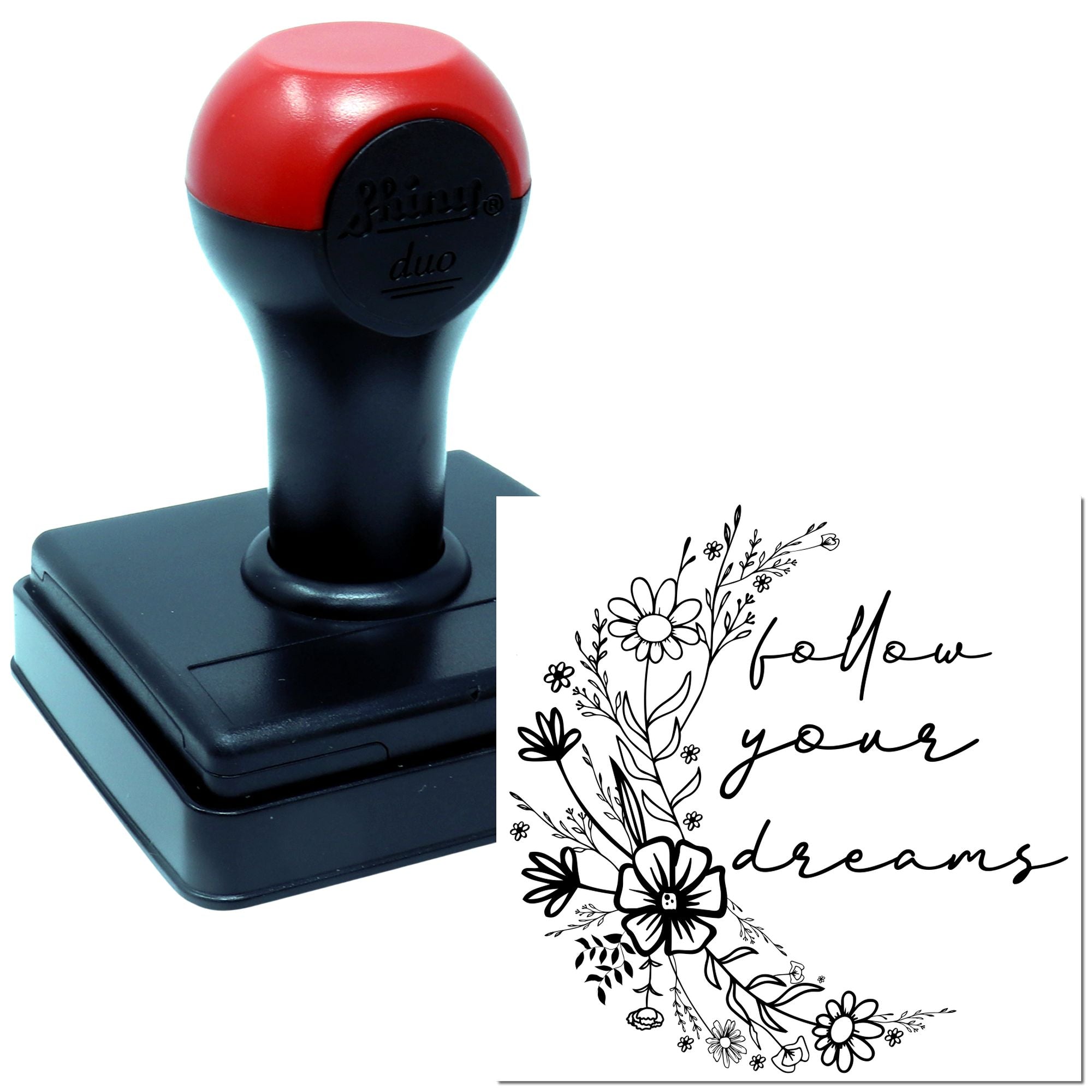 Custom self-inking rubber stamp with floral follow your dreams quote design for crafts, stationery, and branding.