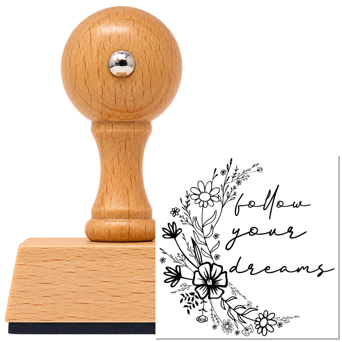 Follow Your Dreams Wildflower Lettering Vintage Pro rubber stamp in European beech wood with a round knob handle, shown beside its black imprint.