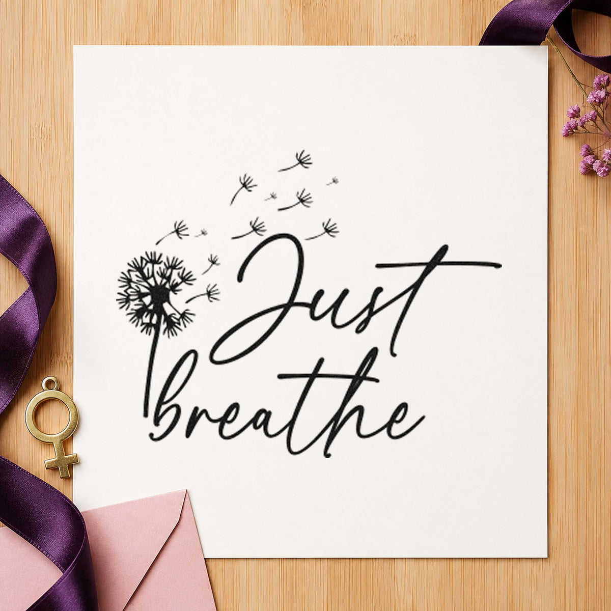 Just Breathe Dandelion Seeds craft stamp in black ink on cardstock, an easy option for reef album page.