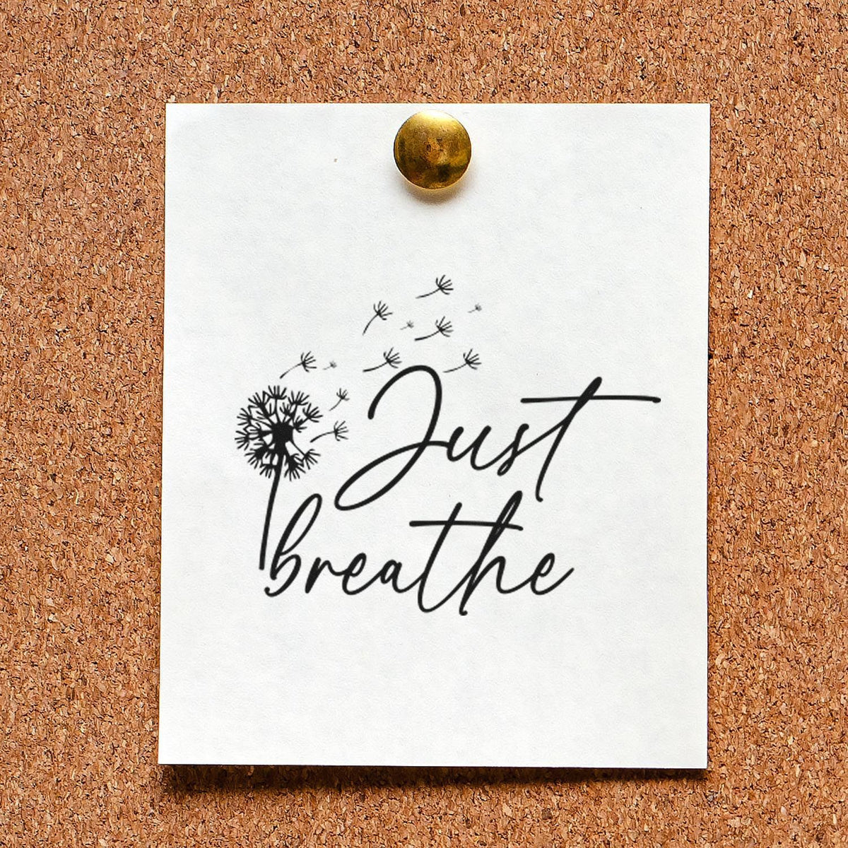 Just Breathe rubber stamp design with dandelion seeds, perfect for calming handmade cards and craft projects.