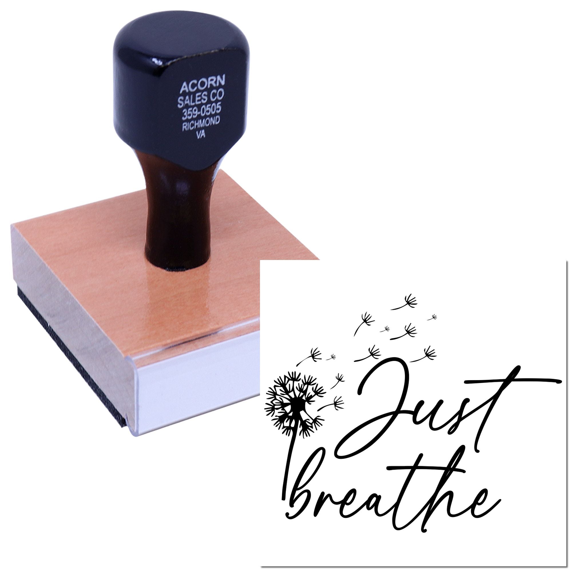 Custom rubber stamp with dandelion and "Just Breathe" design, shown on a wooden block for personalized stamping.