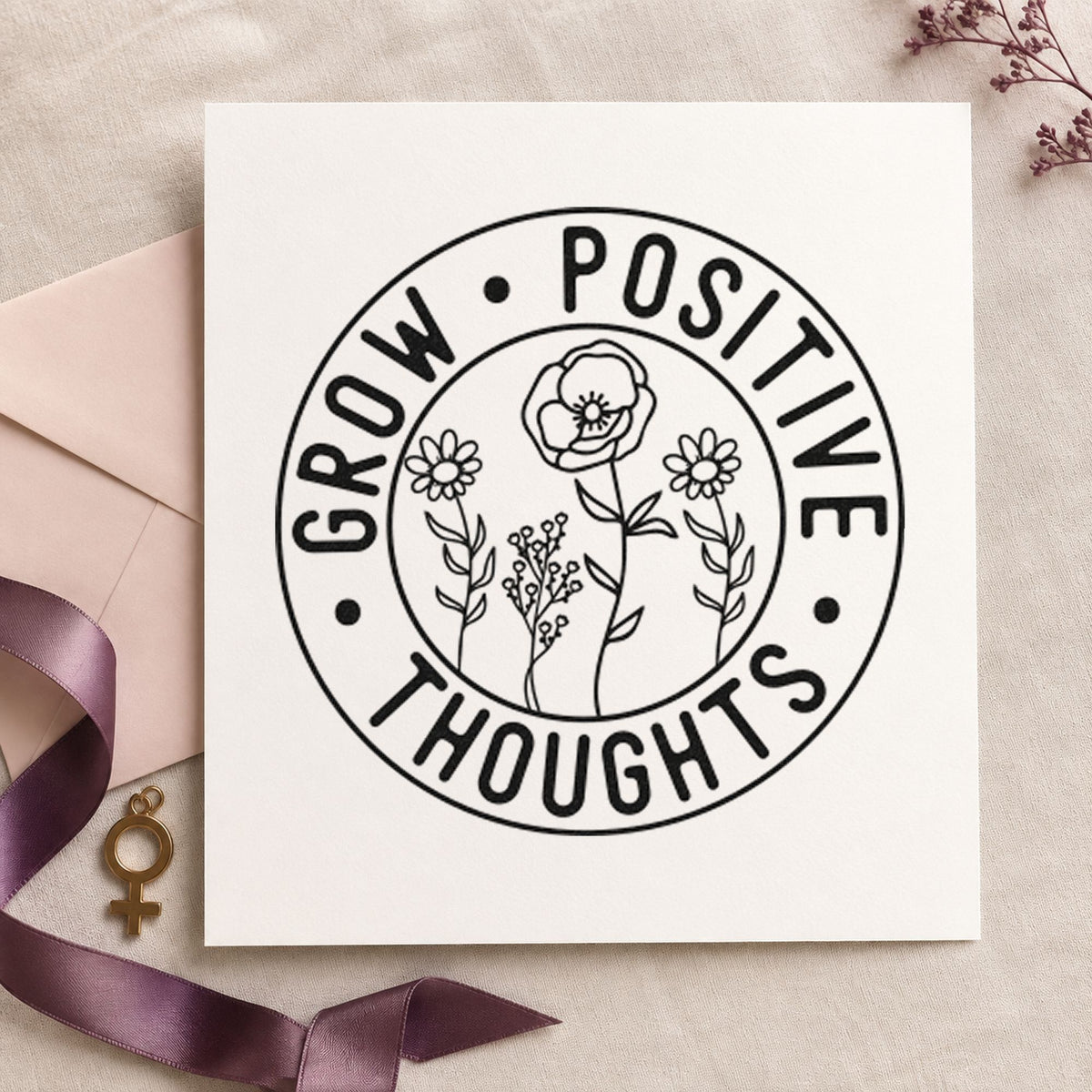 Grow Positive Thoughts Badge craft stamp imprint in black ink on a handmade project, one idea being seedling swap tags.