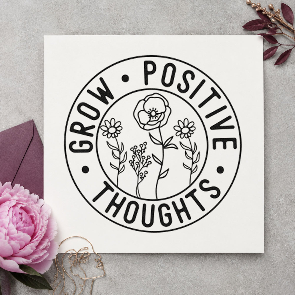 Grow Positive Thoughts Badge rubber stamp printed in black ink, ready for rota water sheet and similar paper crafts.