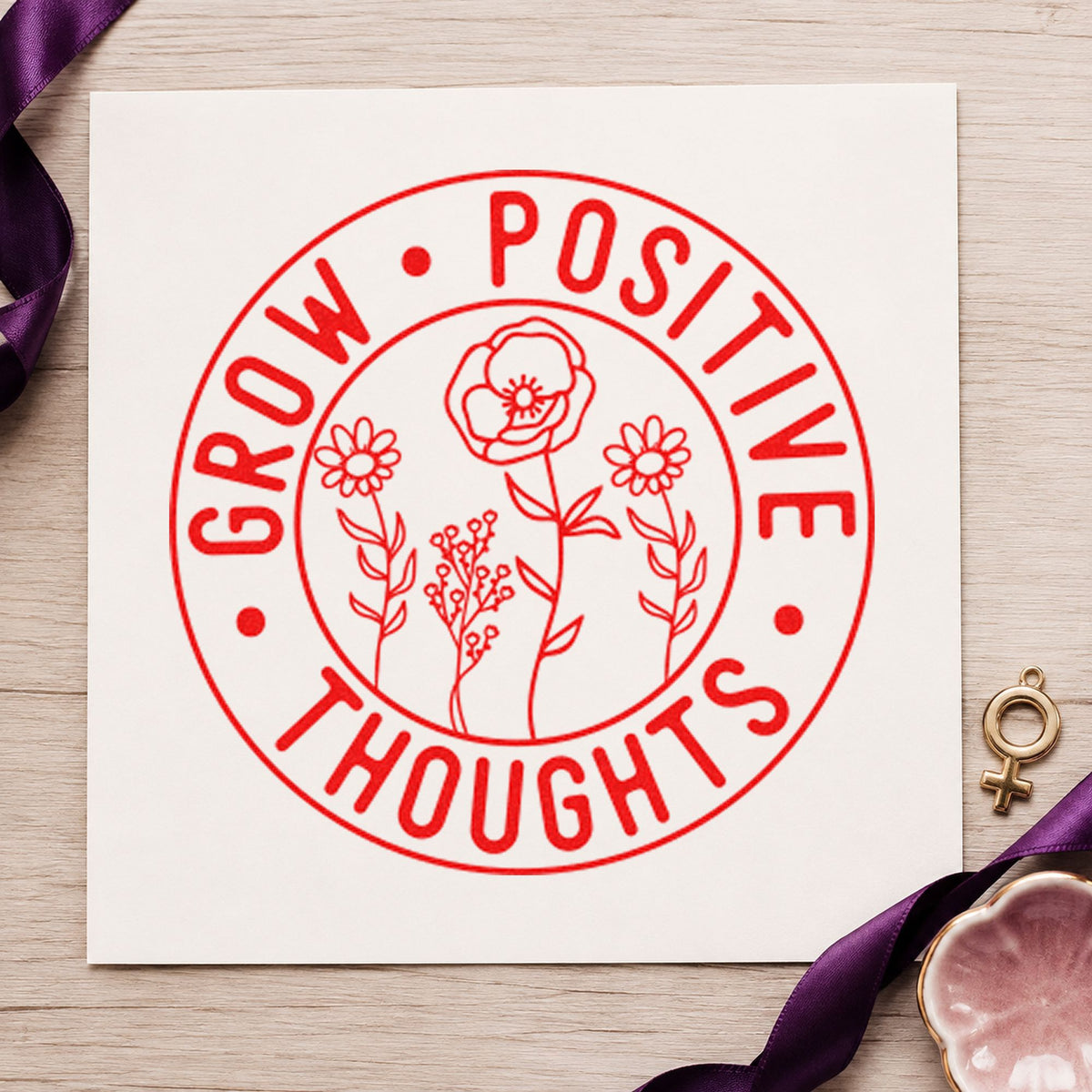 Grow Positive Thoughts Badge craft stamp imprint in red ink on a handmade project, one idea being harvest share cards.
