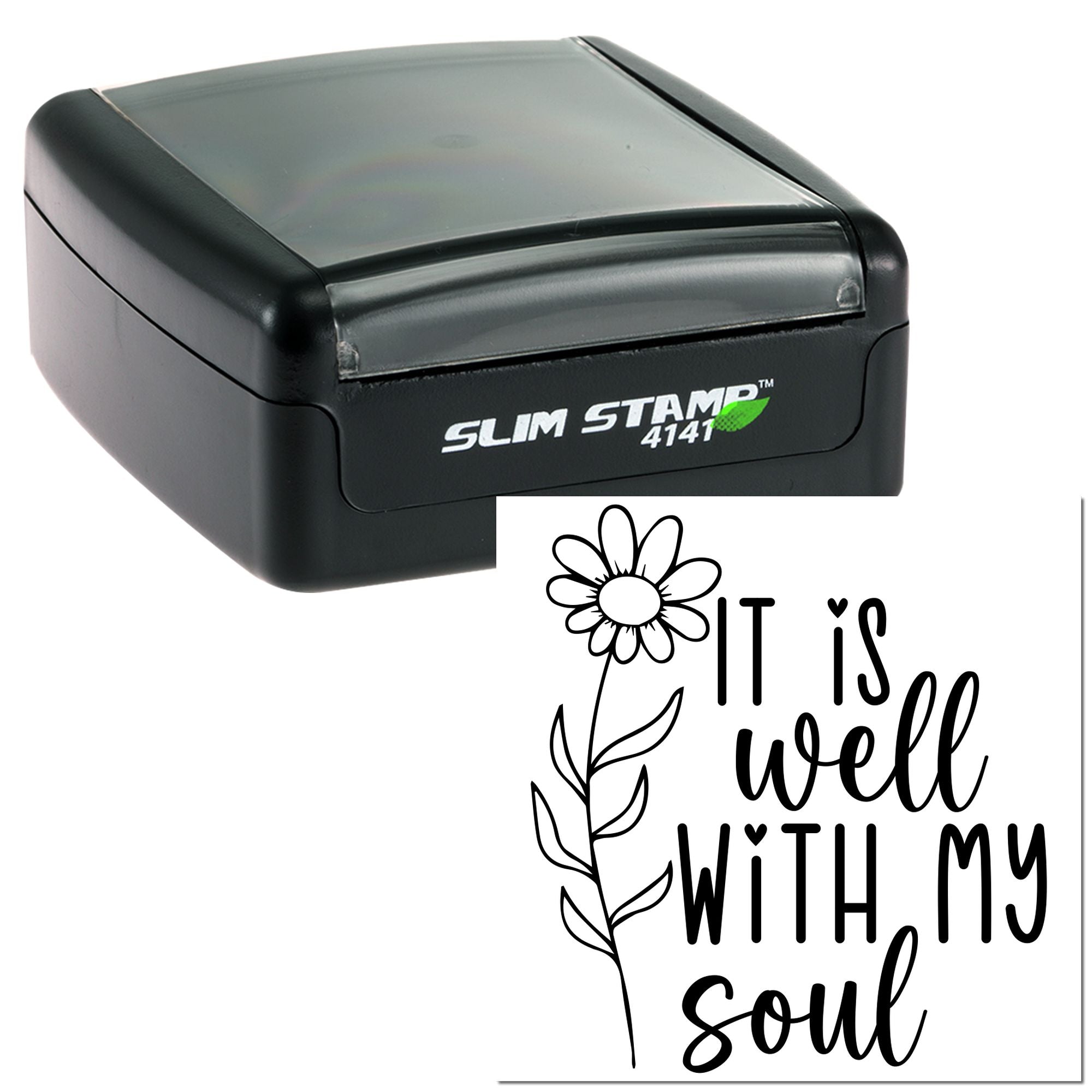 Slim self-inking rubber stamp with It Is Well With My Soul floral design for Christian crafts and faith-based stationery.