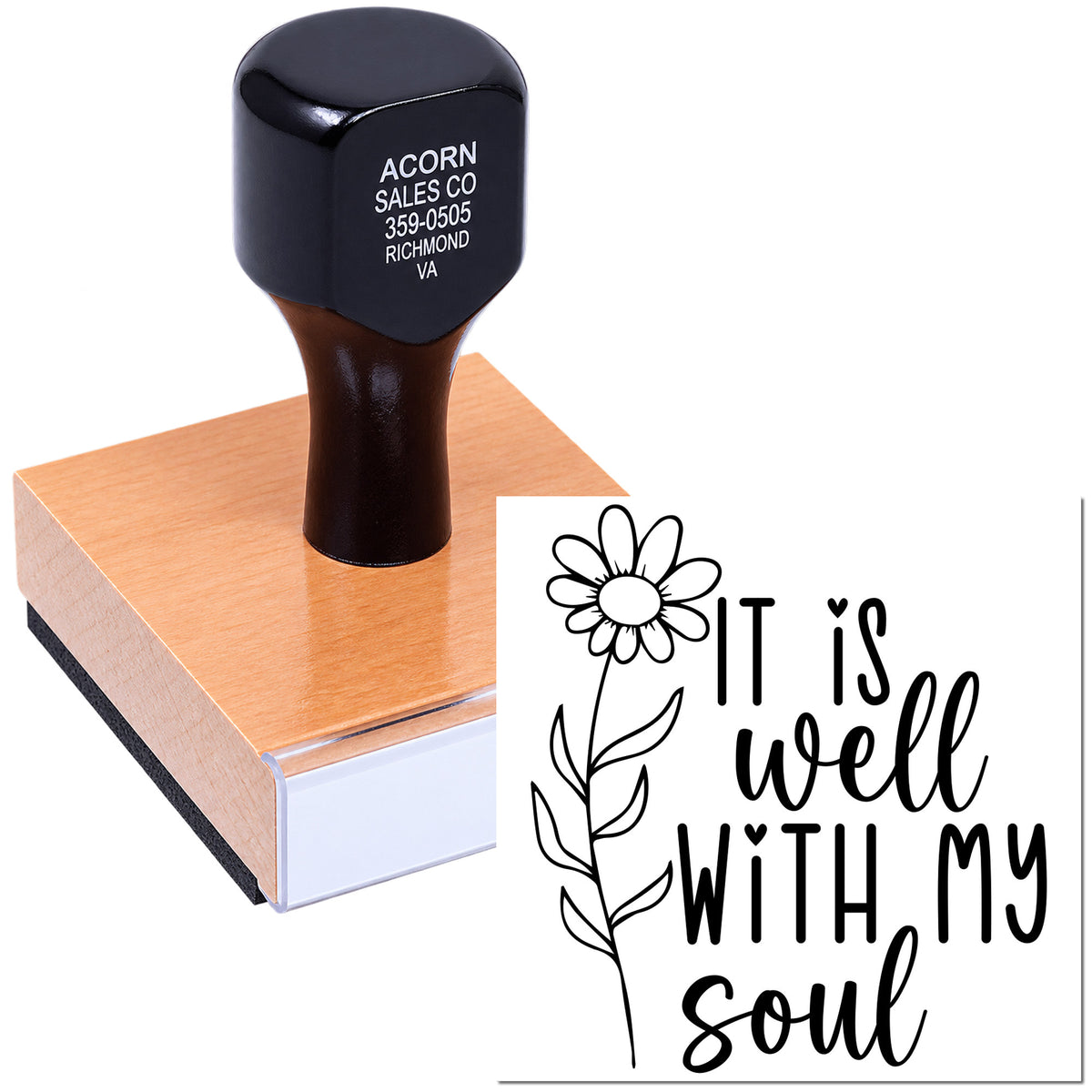 Wood-mounted rubber stamp with floral It Is Well With My Soul design for faith-based crafts, journaling, and handmade cards.