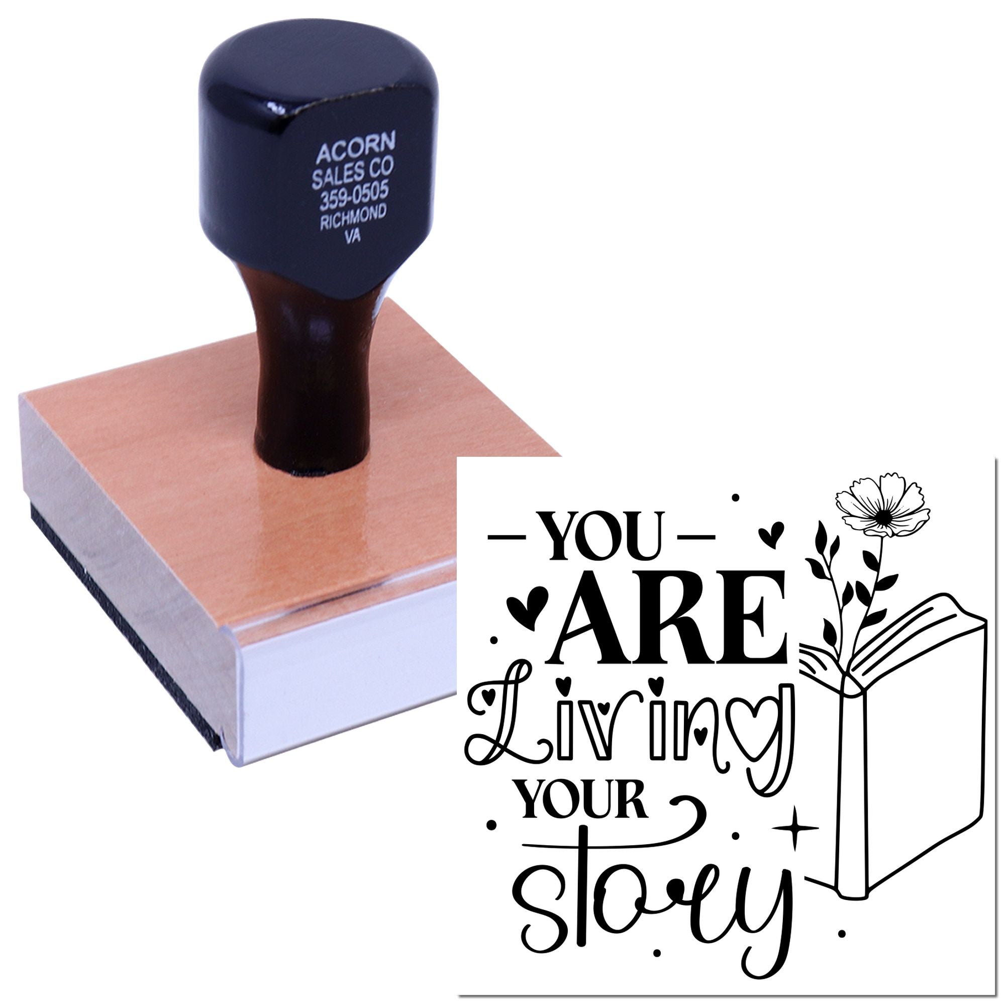 Custom rubber stamp with floral book design and You Are Living Your Story imprint for stationery, journaling, and crafts