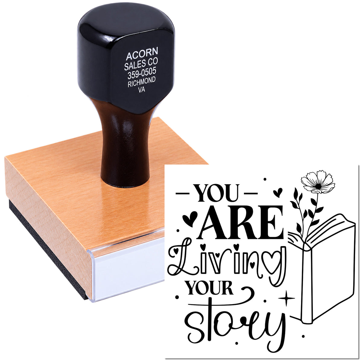 Custom rubber stamp with floral book design and You Are Living Your Story imprint for stationery, journaling, and crafts